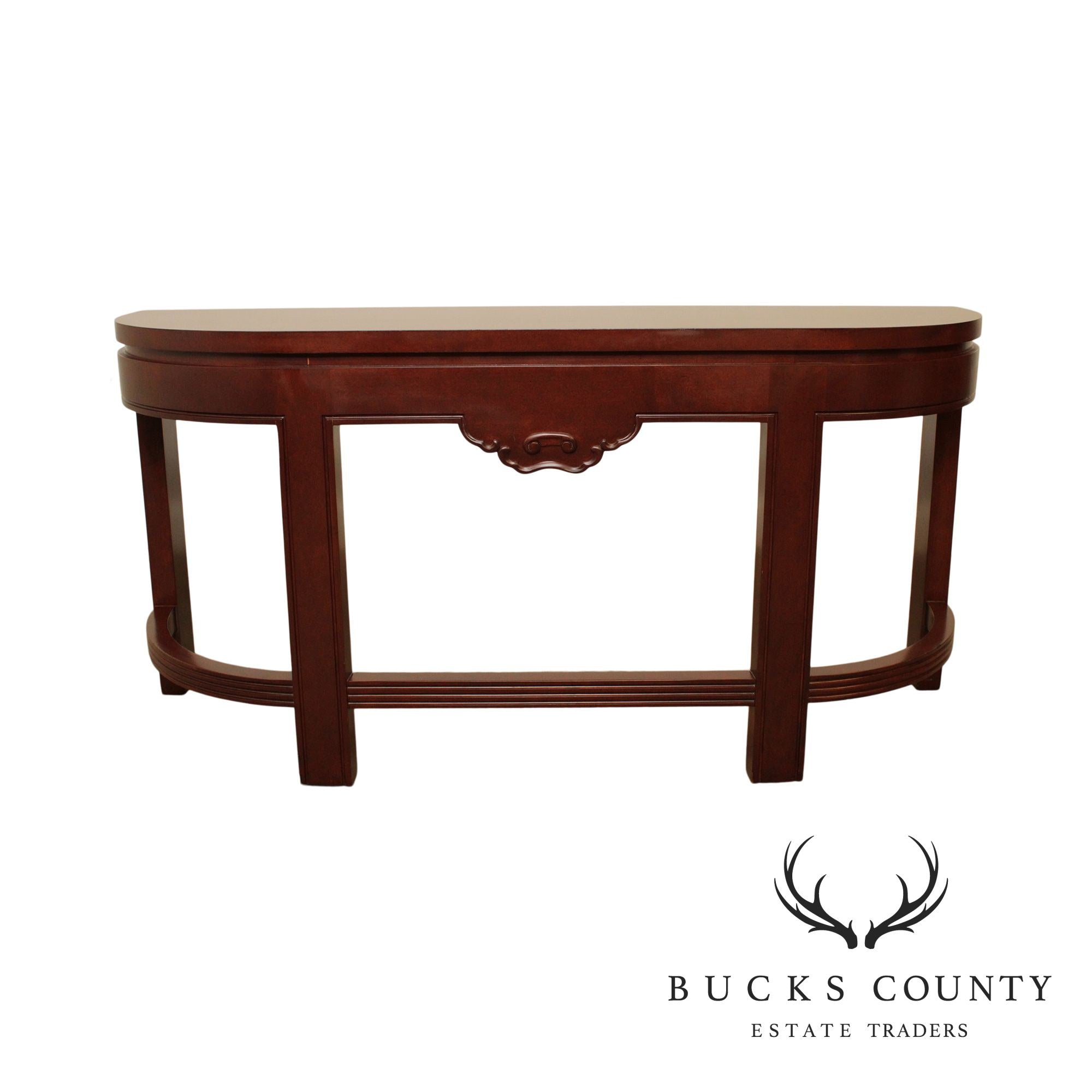 Asian Influenced Mahogany 60 inch Demilune Console Table