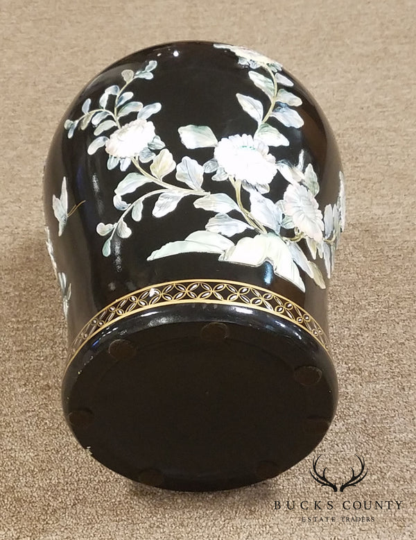 Asian Black Porcelain Lidded Jar on Stand W/ Mother of Pearl