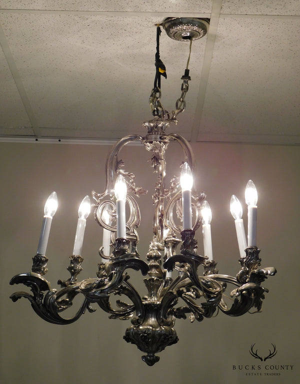 Ten Light Baroque Chandelier Antiqued Silver-Metal Foliate Design