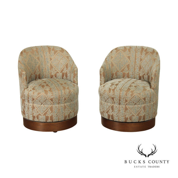 Contemporary Pair Custom Upholstered Swivel Club Chairs