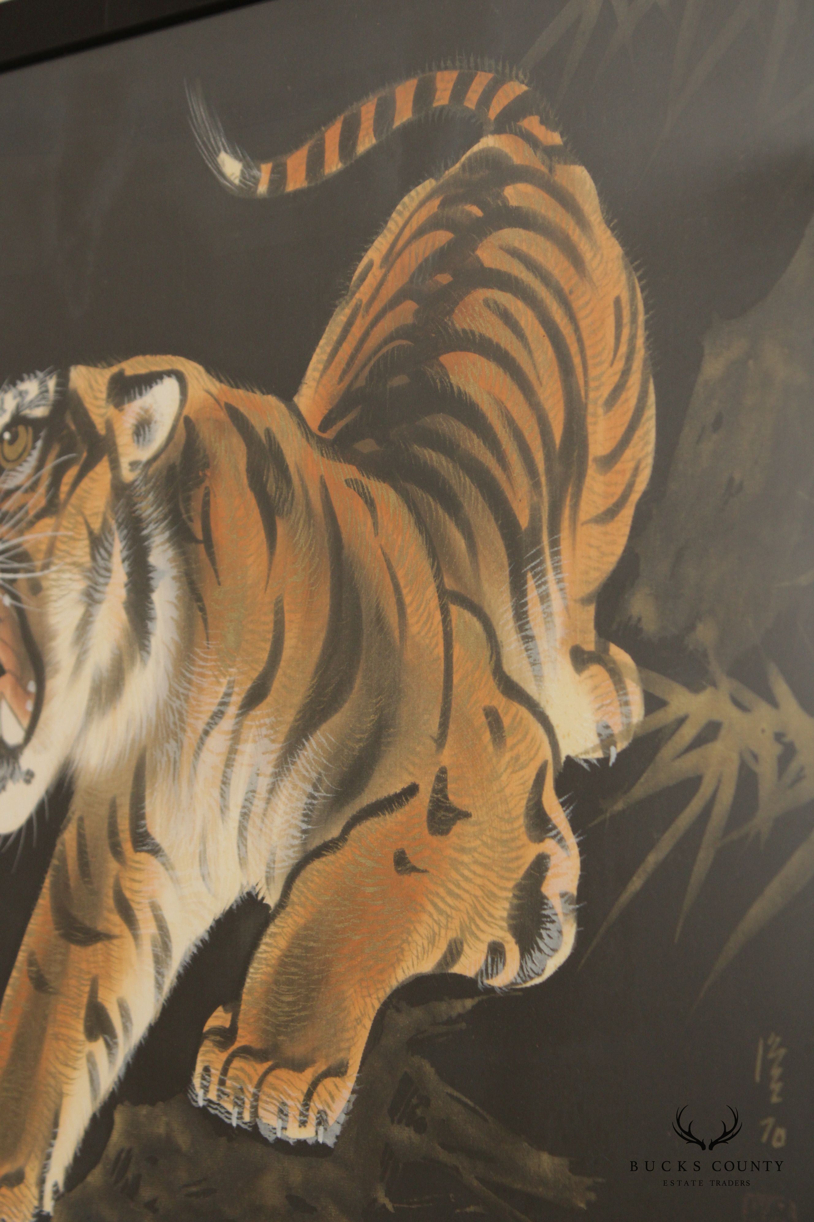 Vintage Chinese Pair of Crouching Tiger Silk Paintings