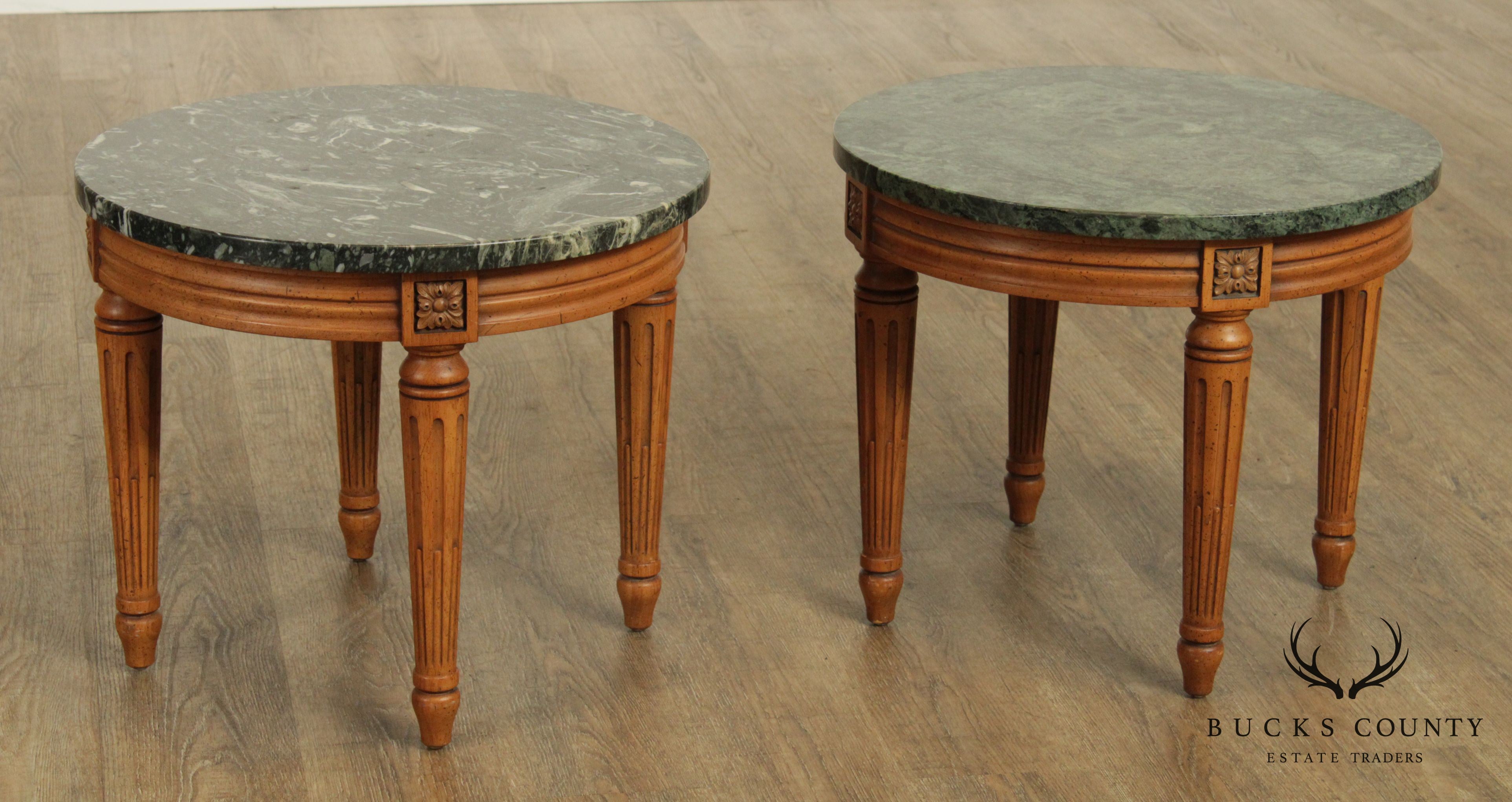 French Louis XVI Style Vintage Walnut Pair Round Marble Top Side Tables