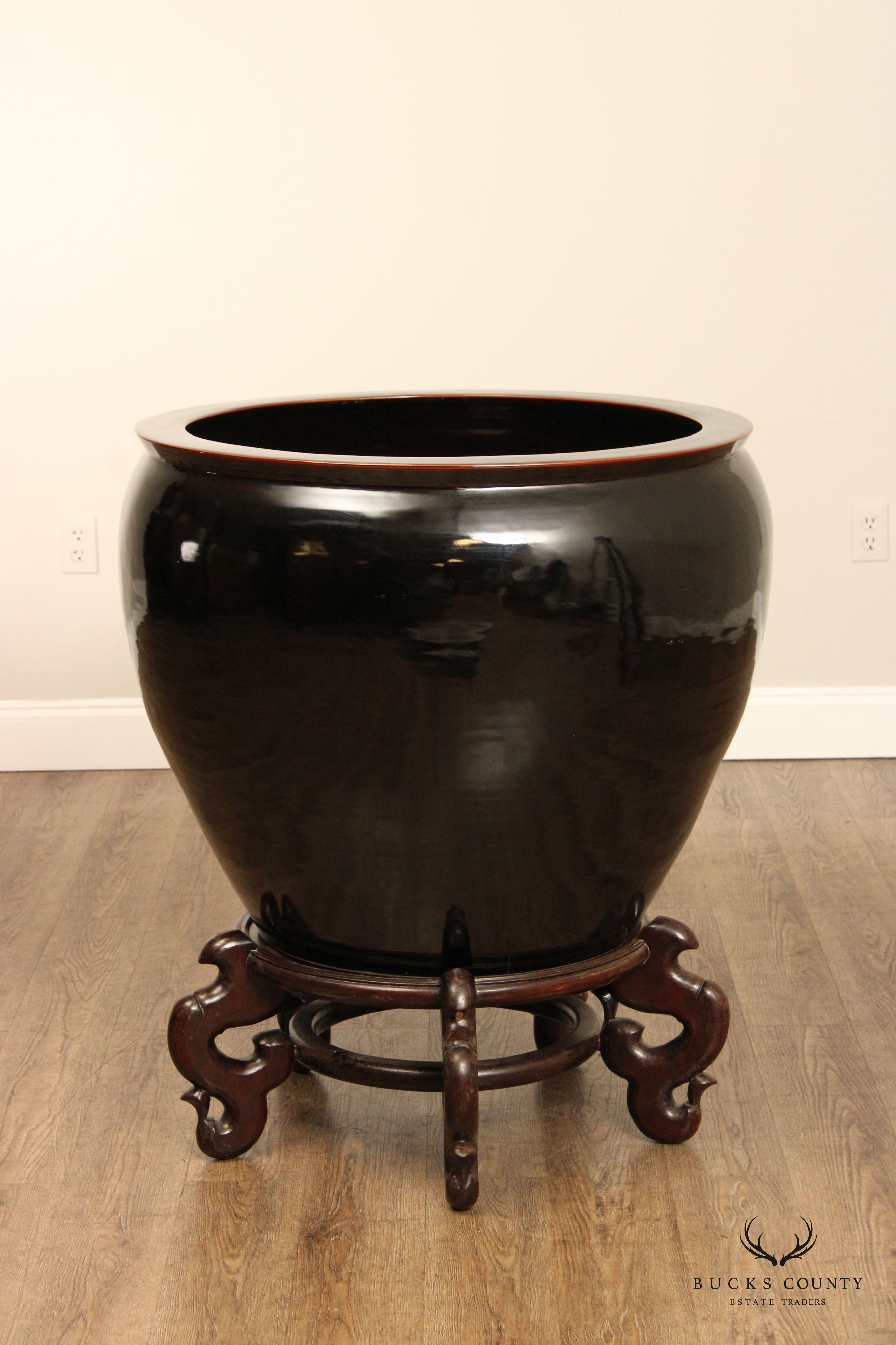 Asian Style Large Black Ceramic Fish Bowl Planter on Stand