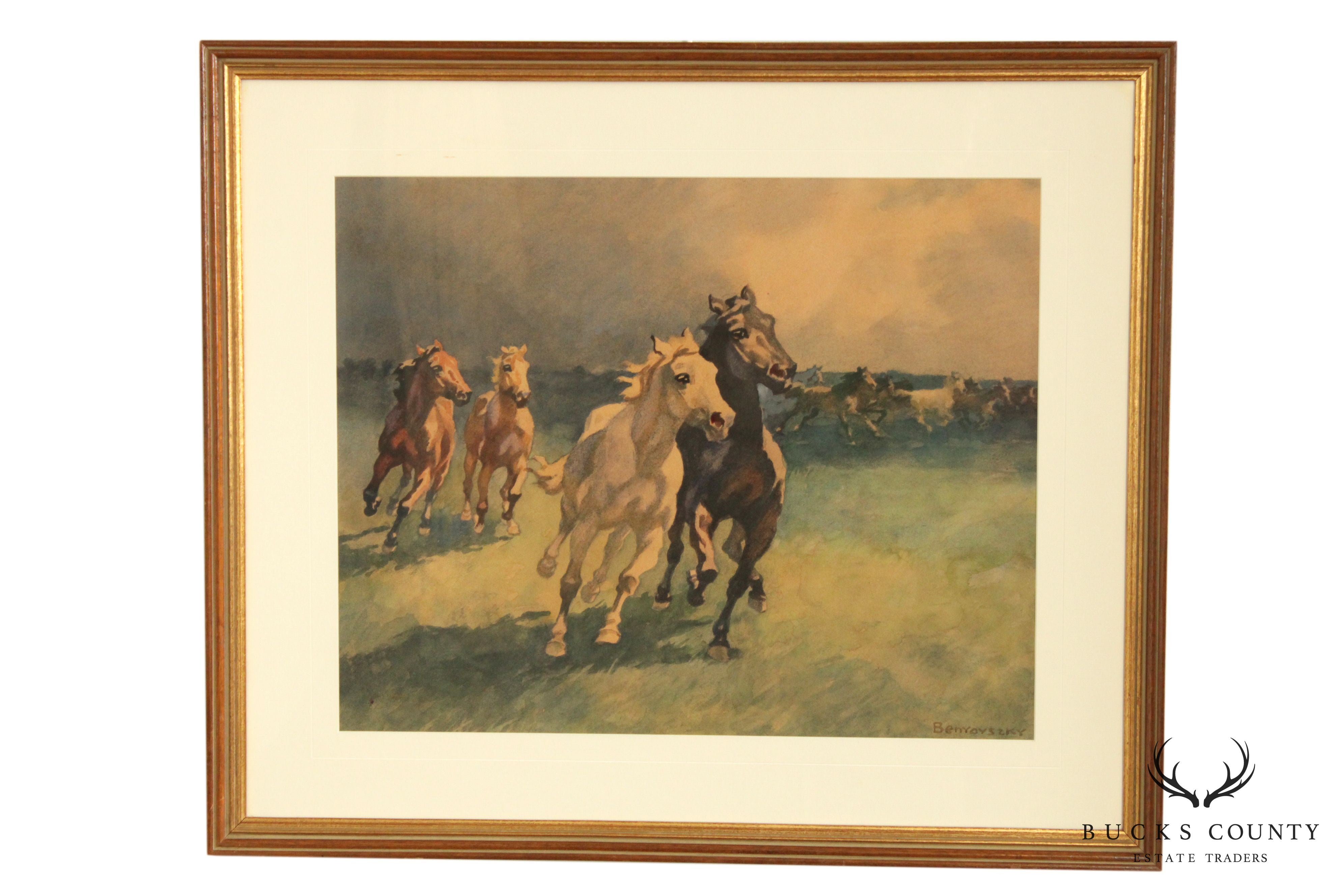 Mid Century Wild Horses Watercolor Painting by István Benyovszky