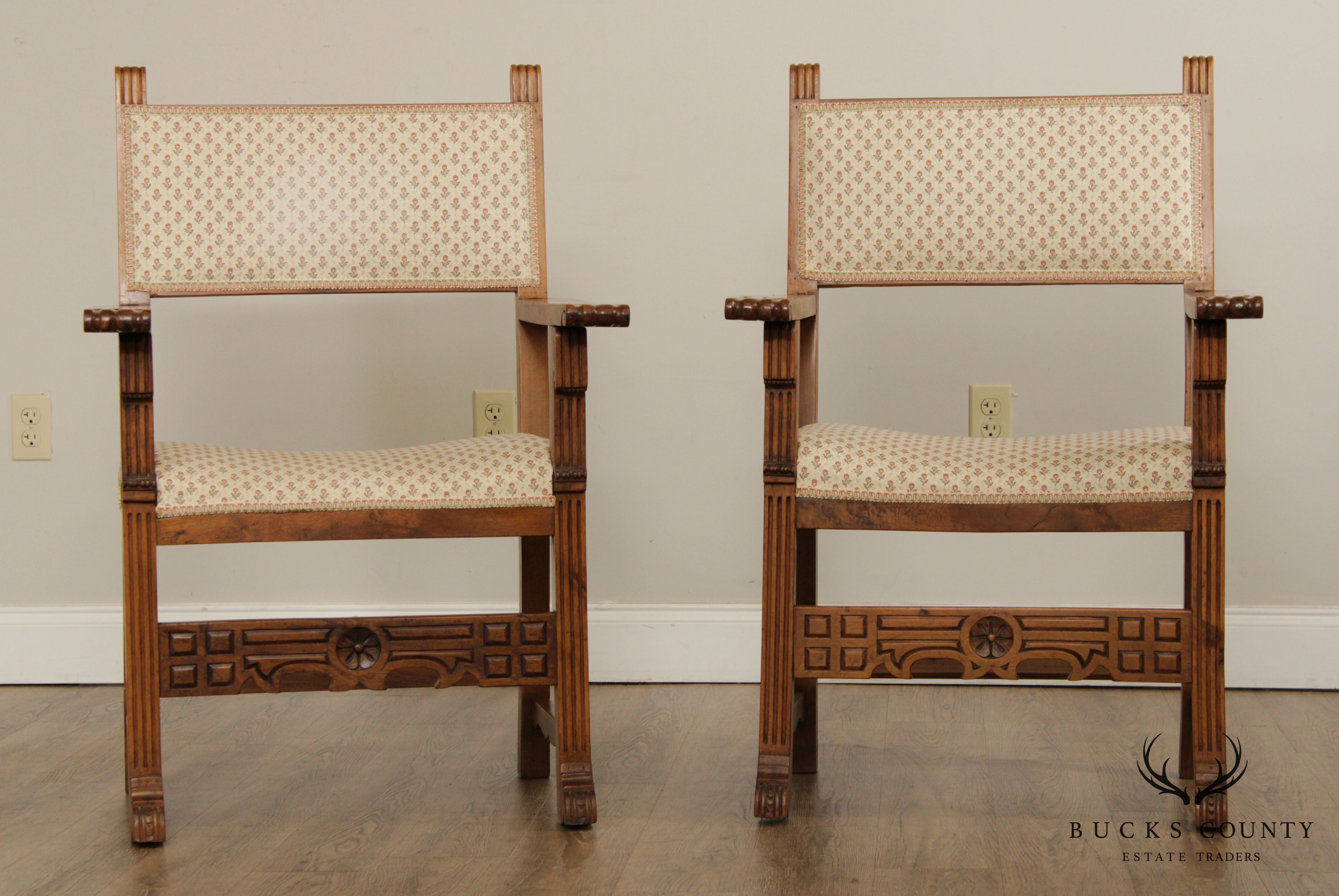 Antique Spanish Renaissance Style Pair Walnut Armchairs