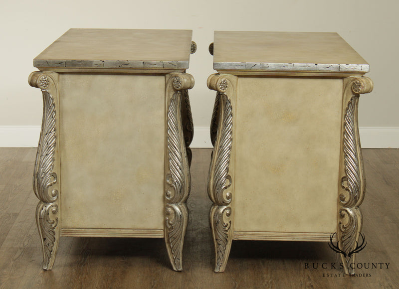 Rococo Style Custom Pair Silver Leaf Foliage 2 Door Commodes Servers