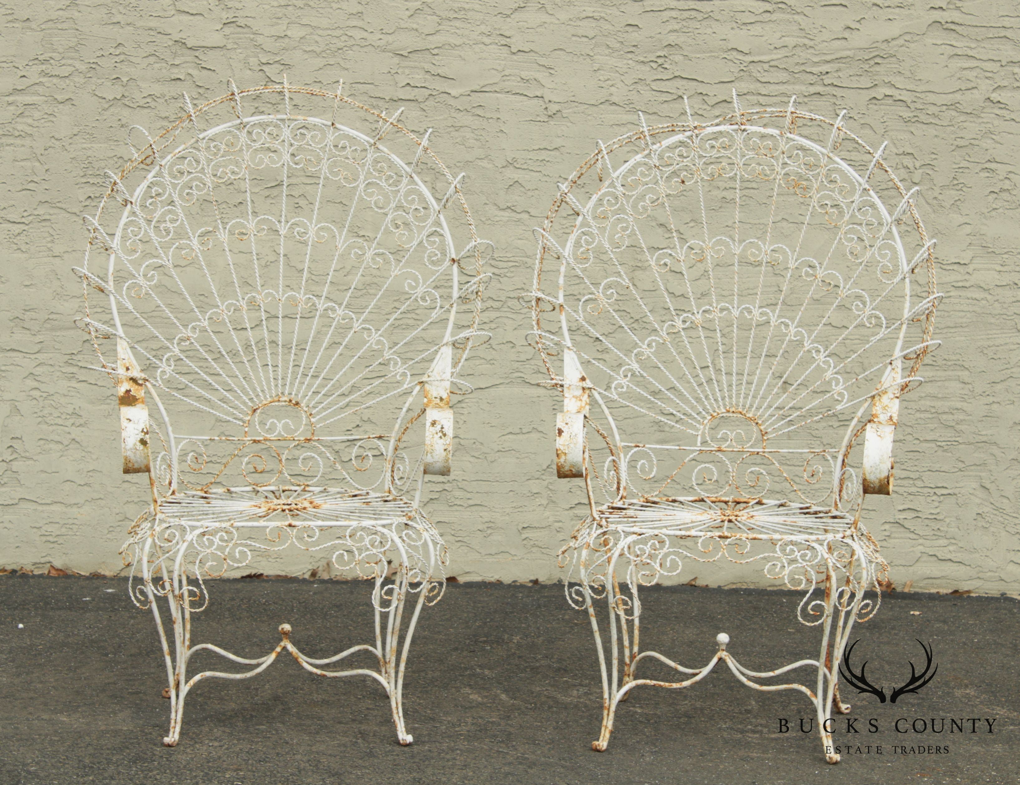 Vintage Pair Wrought Iron Peacock Garden Armchairs