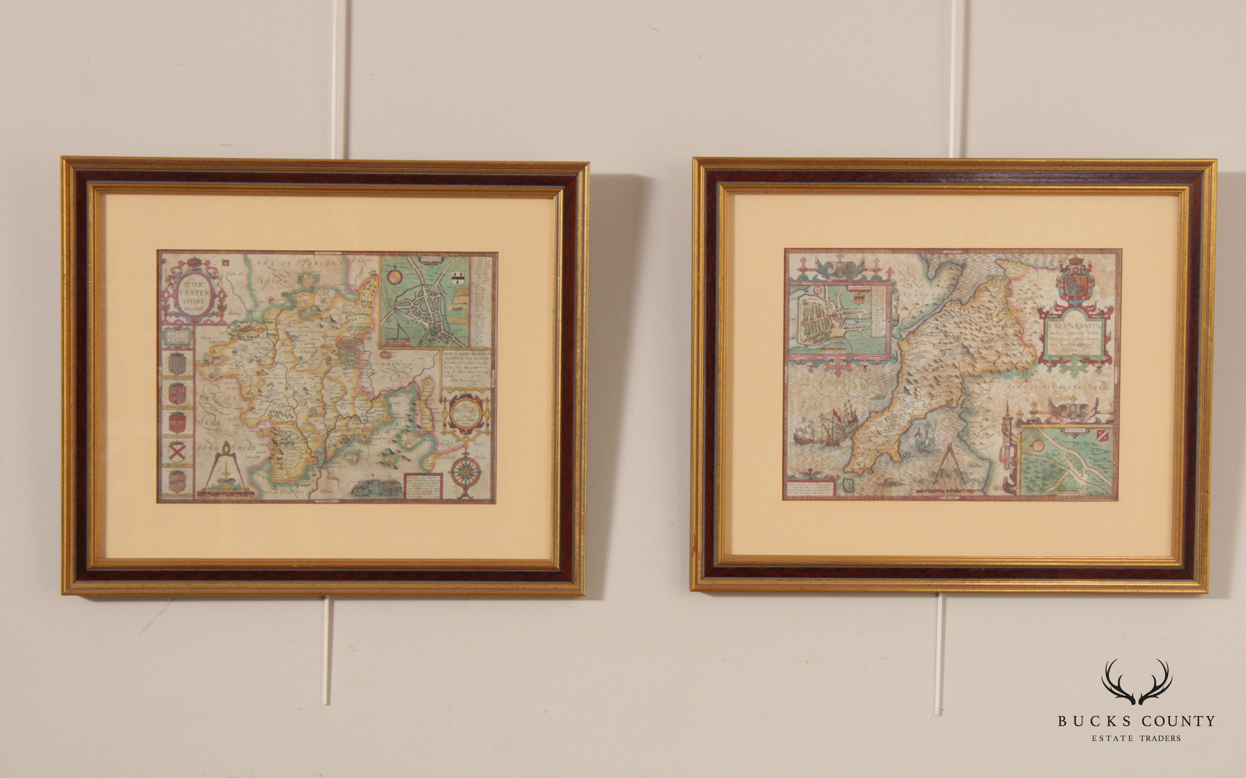 Two Vintage English Worcestershire & Caernarvonshire City Maps After John Speed