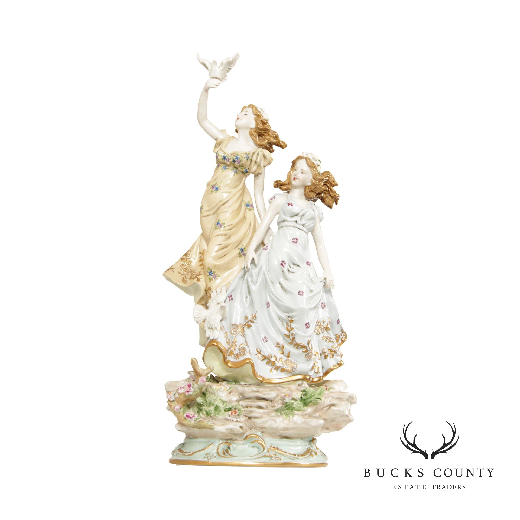 Rococo Style Ladies with Dove Porcelain Figurines