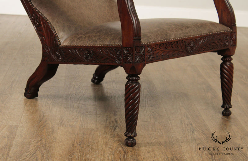 Antique 19th Century Anglo-Indian Carved Rosewood & Leather Armchair