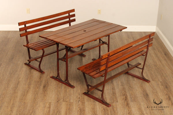Vintage Three-Piece Outdoor Oak and Wrought Iron Dining Set
