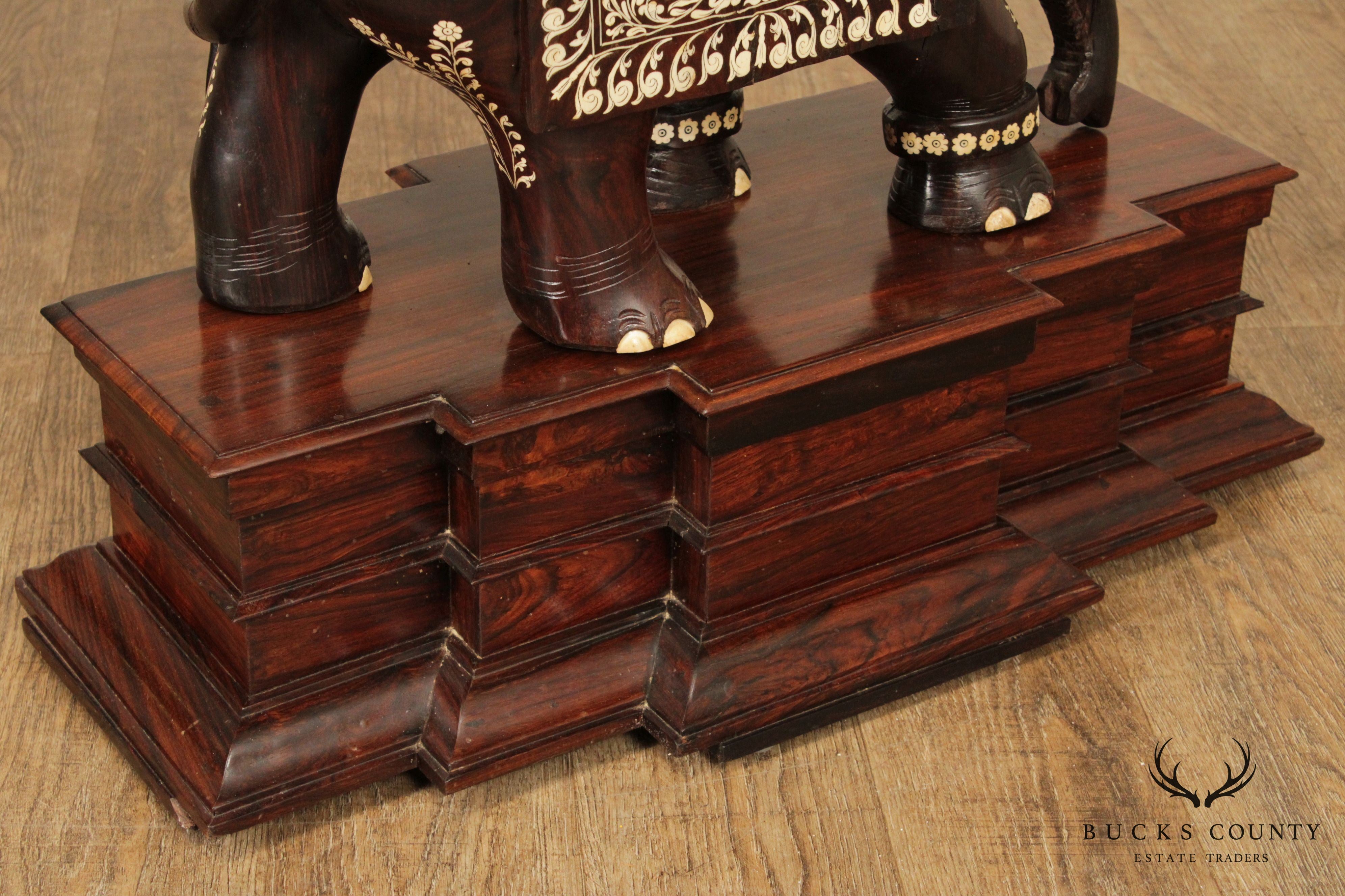 Antique Large Indian Carved Rosewood Bone Inlaid Elephant Statue on Base