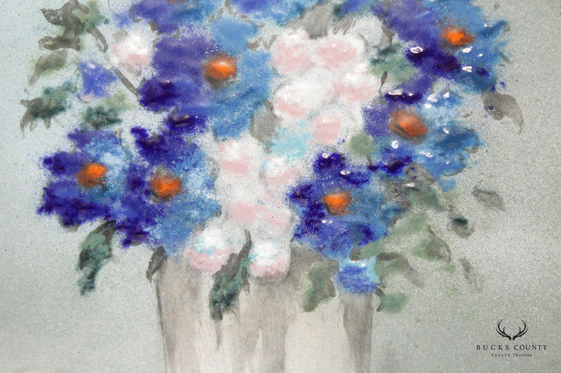 Carol Simpkin Framed Enamel on Copper Painting, Vase of Flowers