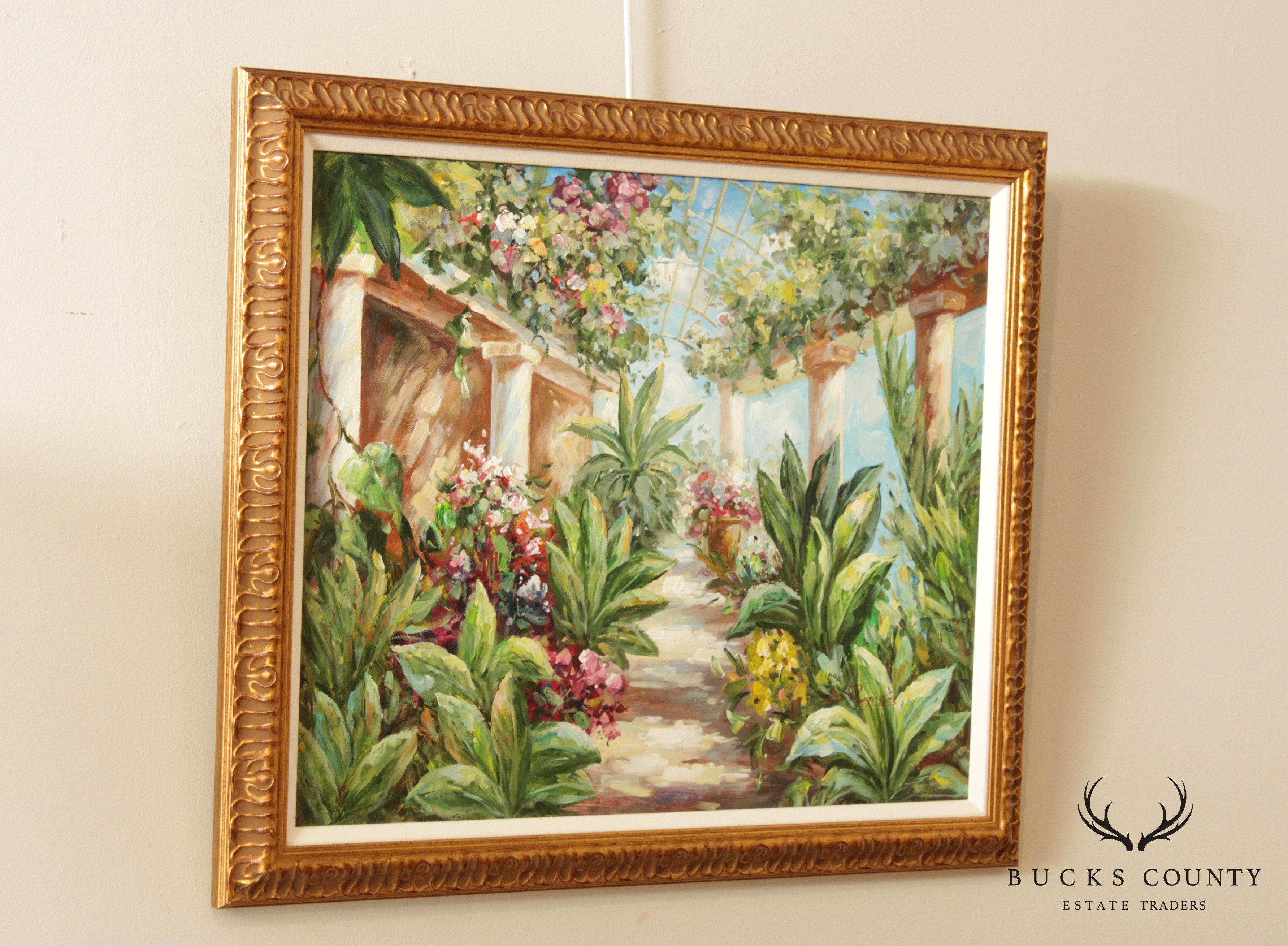 Italian Garden Atrium Landscape Painting, Signed 'A. Rogers'