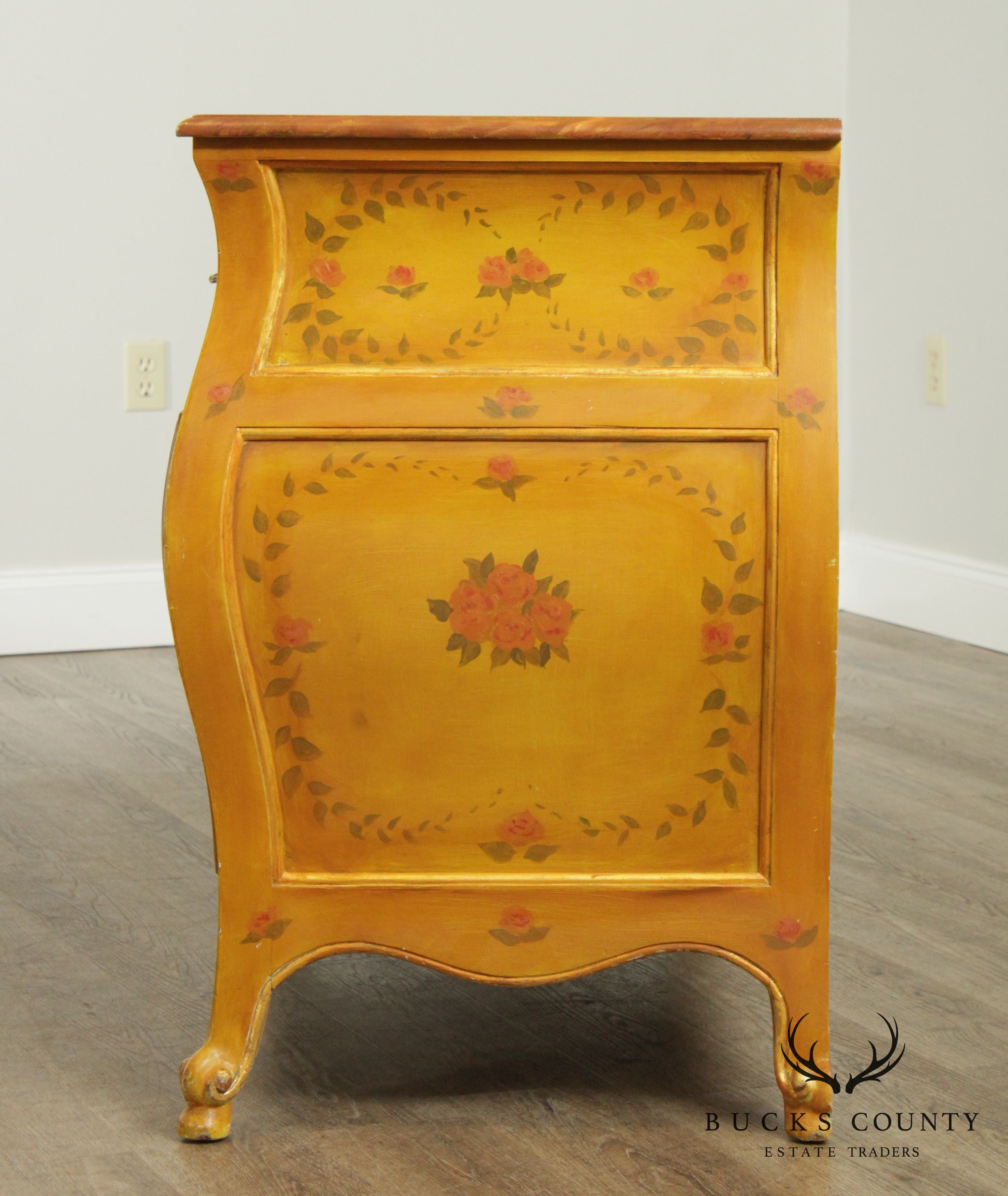 French Louis XV Style Vintage Hand Painted Bombe Commode Chest