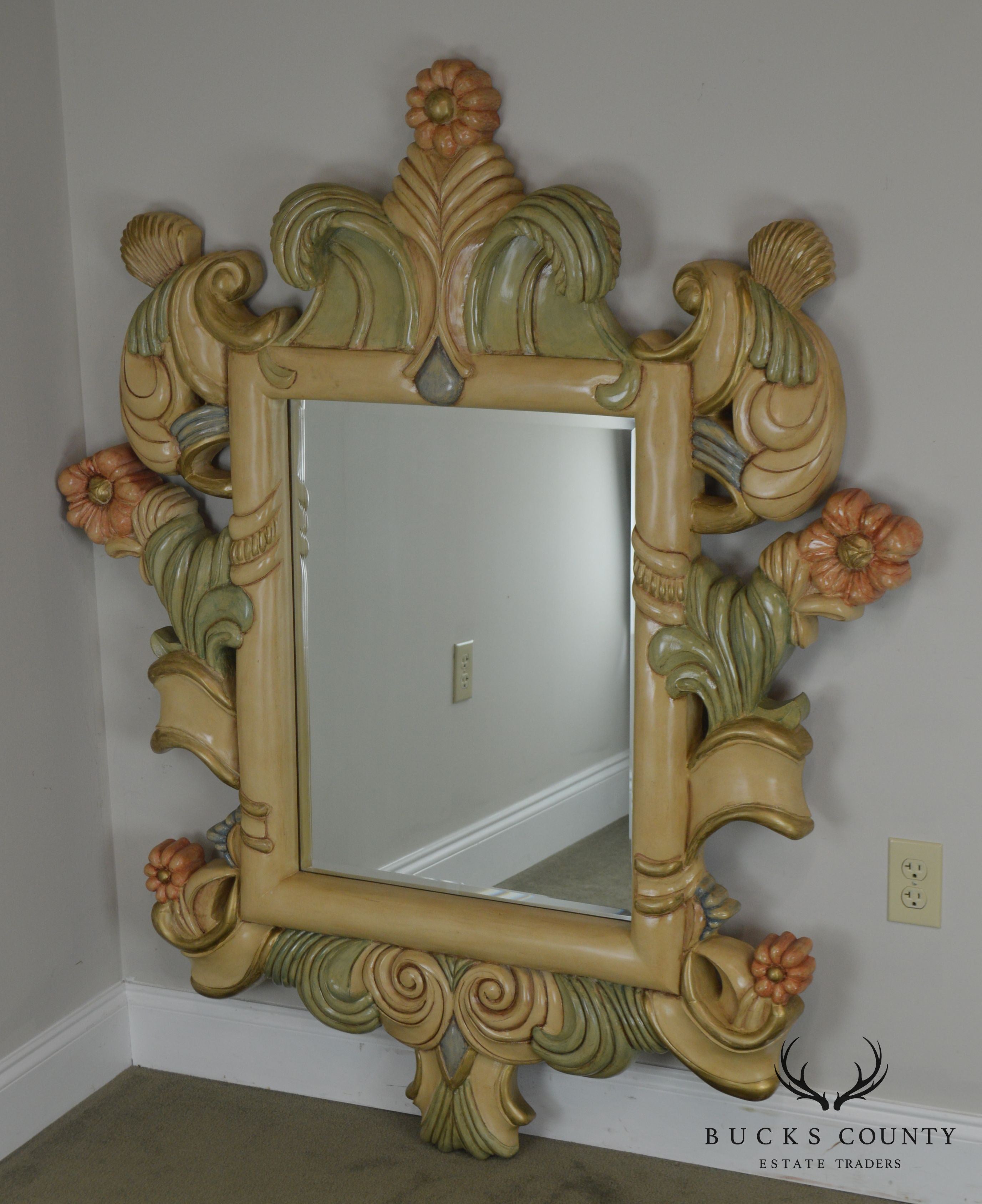 Quality Hand Painted Large Carved Wood Frame Beveled Wall Mirror