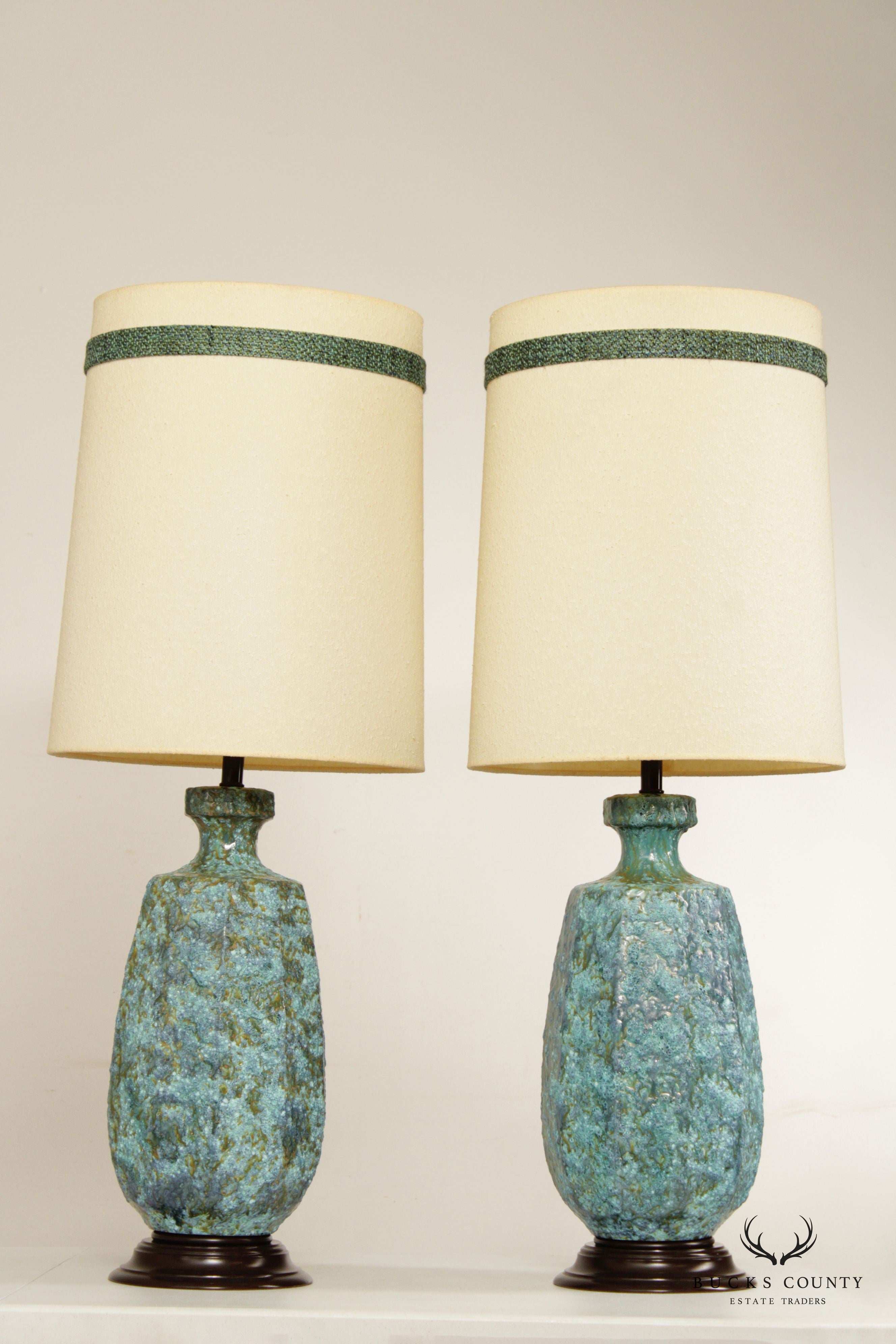 Mid Century Modern Pair of Glazed Ceramic Vasiform Table Lamps