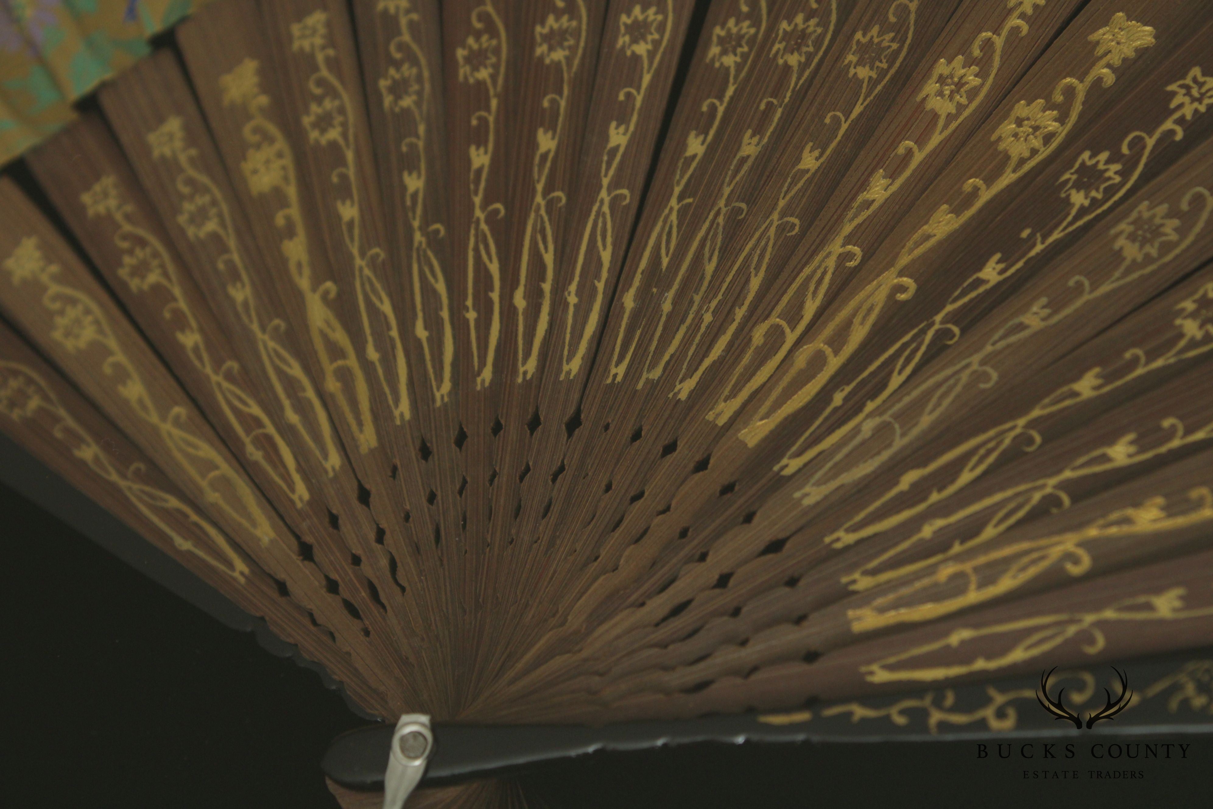 Vintage Gilt Wood Faux Bamboo Framed Japanese Fan (A)