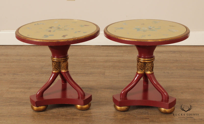 French Empire Style Pair of Painted Wood Round Eglomise Glass Top Side Tables