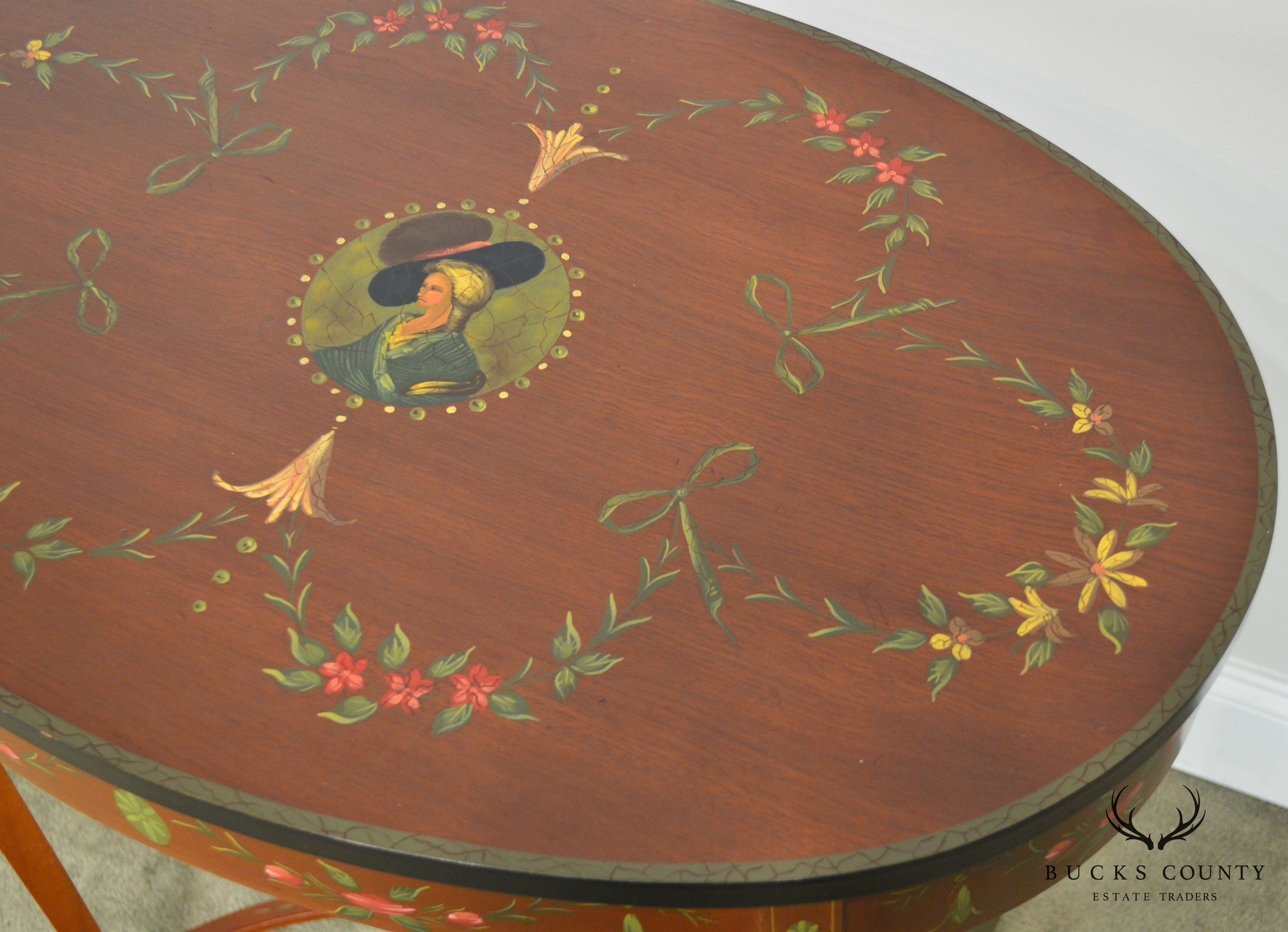 Adams Style Hand Painted Decorated Oval Side Table by Banks, Coldstone Co.