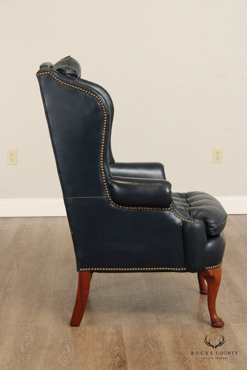 Classic Leather Vintage Queen Anne Style Pair Tufted Blue Leather Wing Chairs
