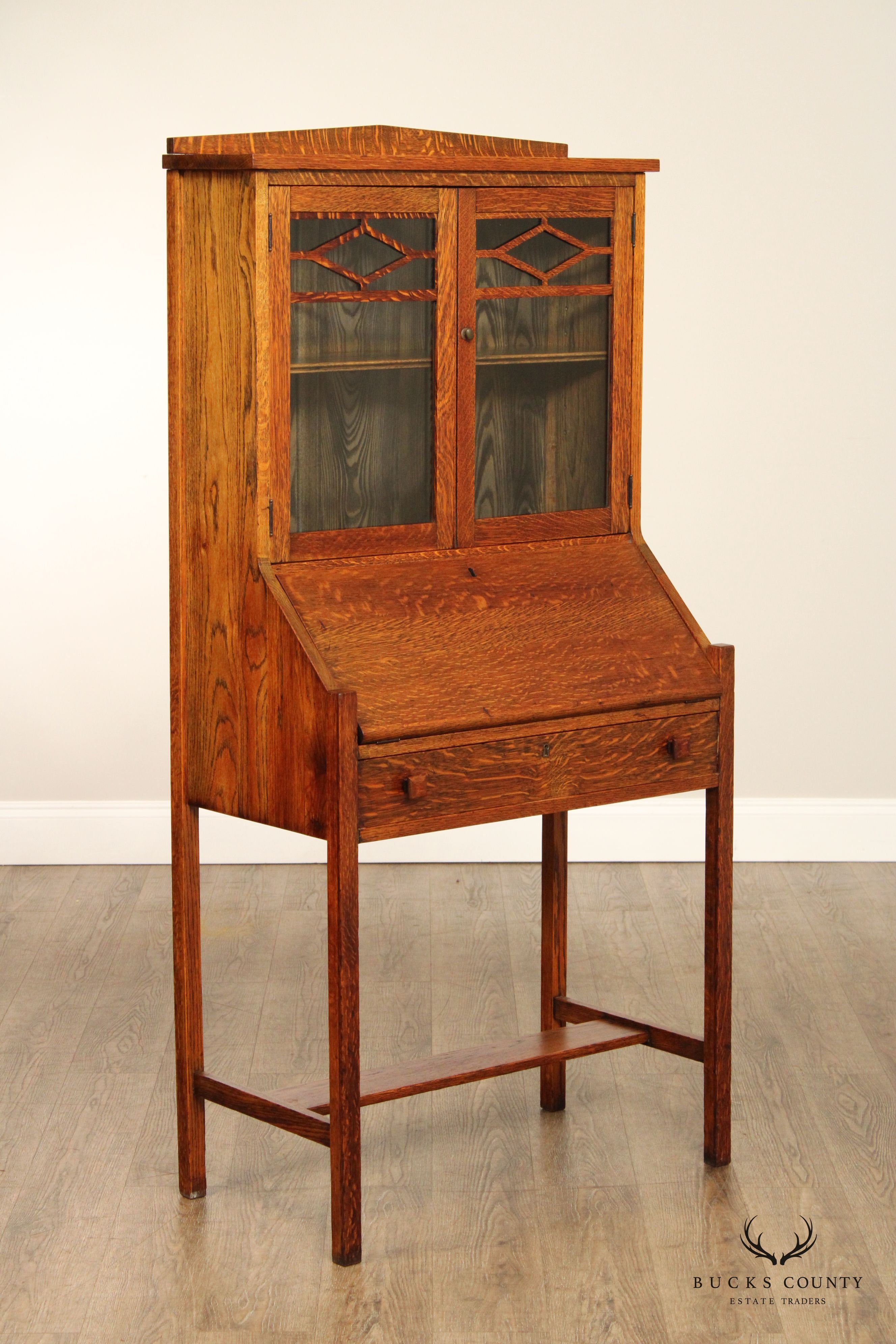 Antique Arts and Crafts Oak Drop Front Secretary Desk