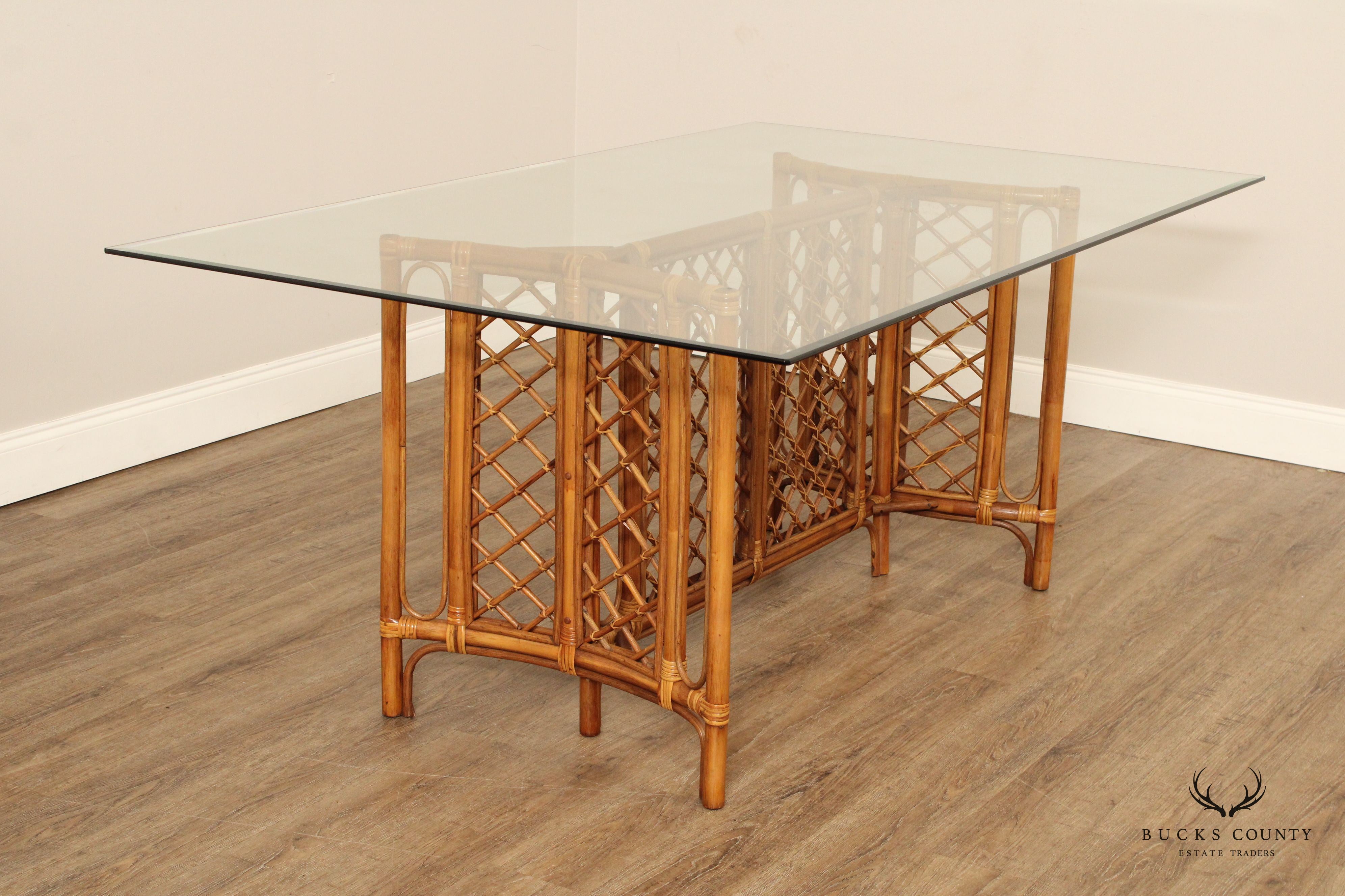 Hollywood Regency Glass Top Bamboo Rattan Dining Table