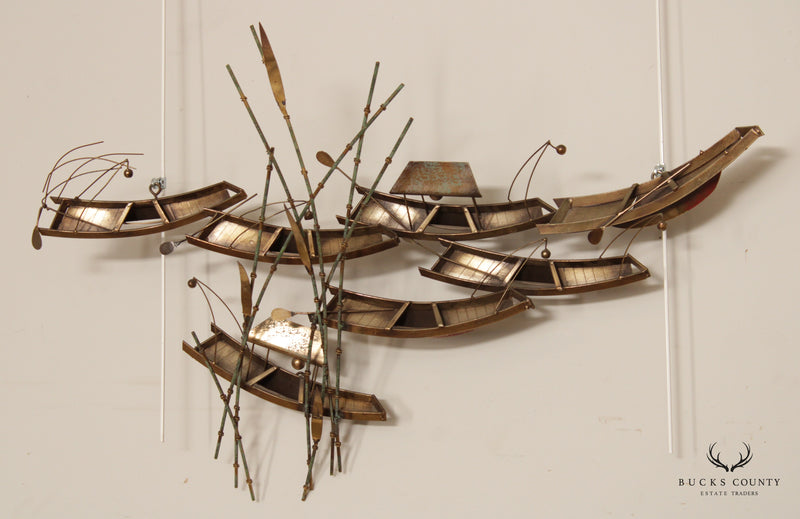 Curtis Jere Vintage Brass Metal Wall Sculpture of Asian Boats and Bamboo