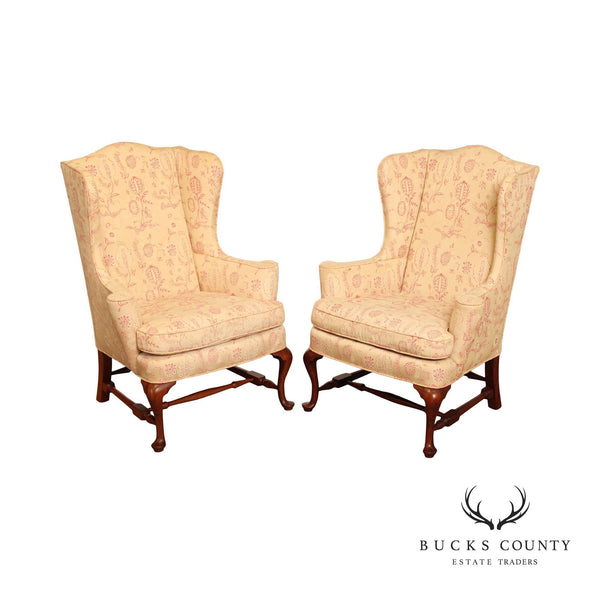 Custom Quality Queen Anne Style Pair of Mahogany Wing Chairs