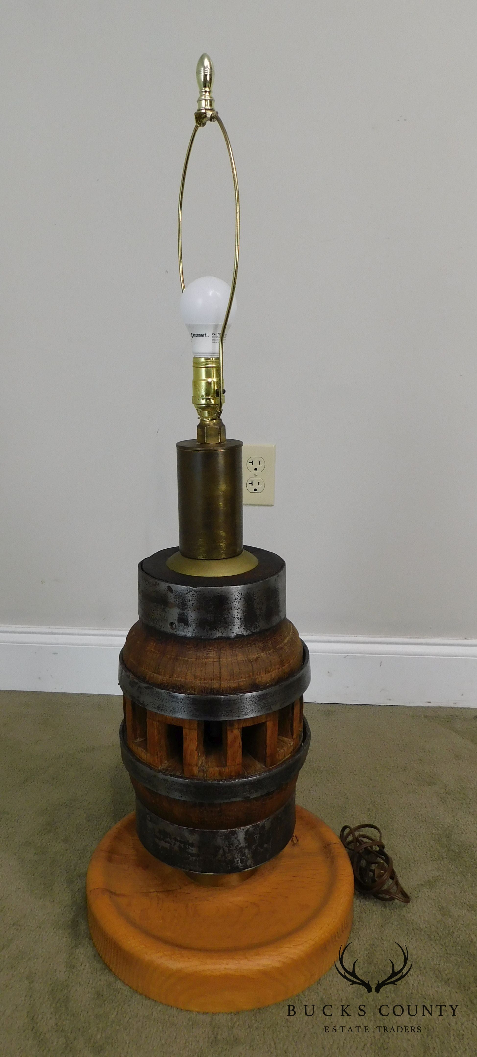 Heavy Wood and Steel Vintage Pair Barrel Table Lamps