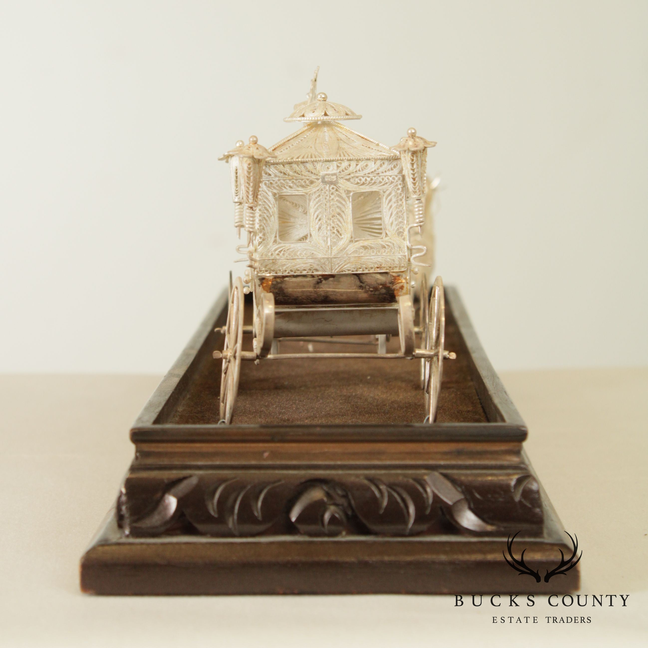 Sterling Silver Wire & Filigree Carriage with Driver and Four Horses, Carved Wood Base