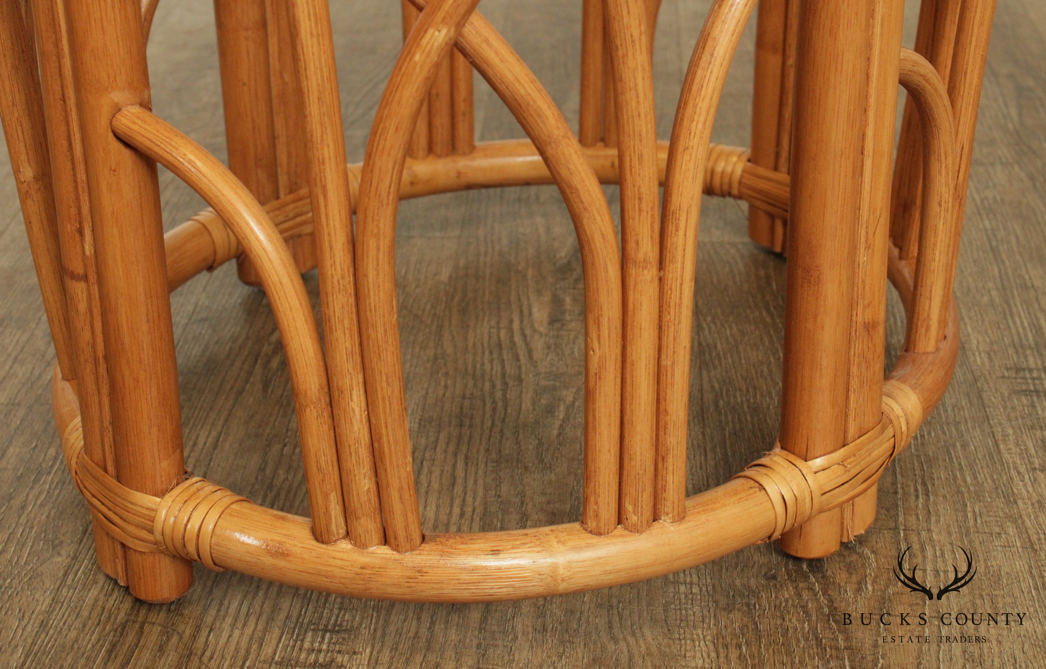 Quality Vintage Pair Rattan Round Glass Top Side Tables