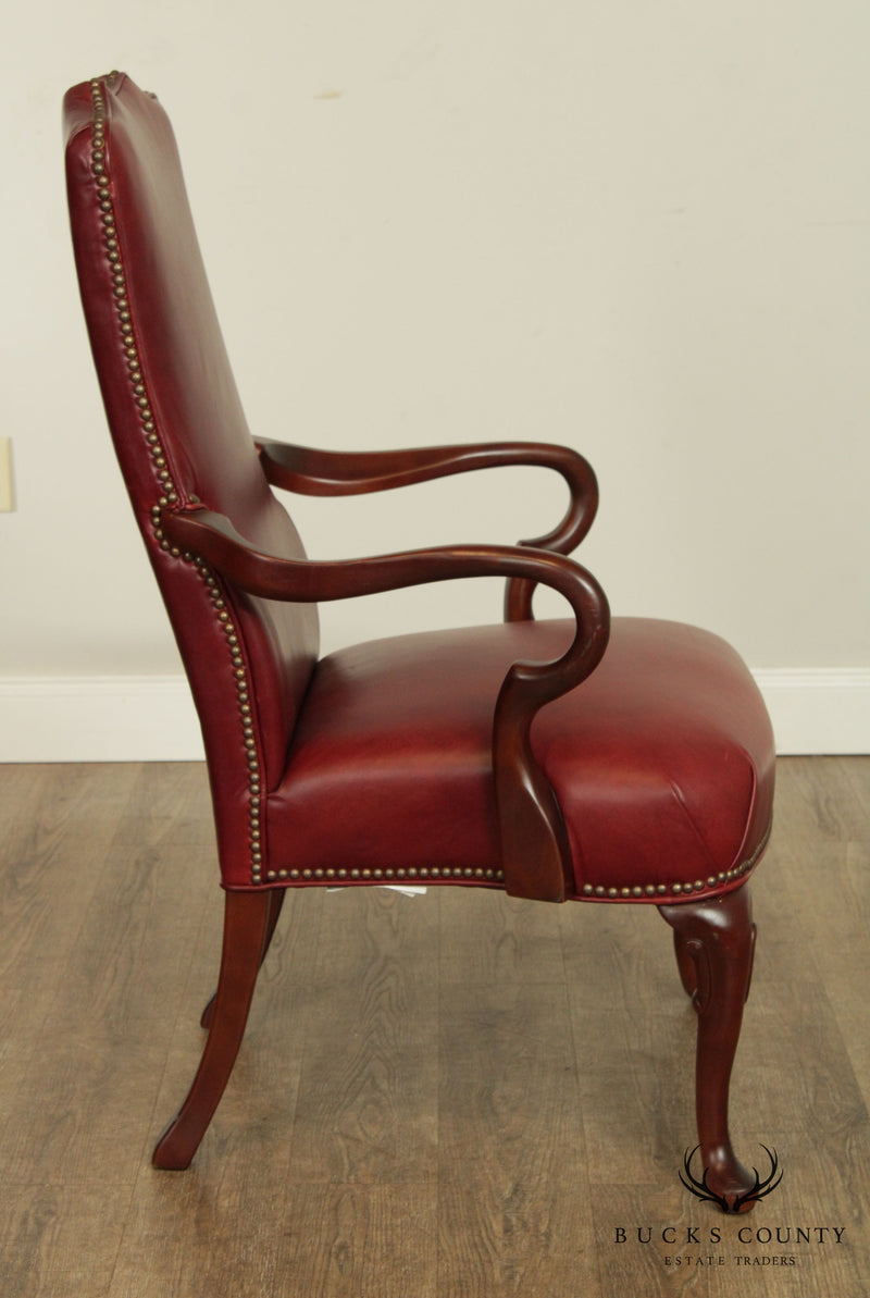 Drexel Heritage Queen Anne Style Pair Leather Armchairs