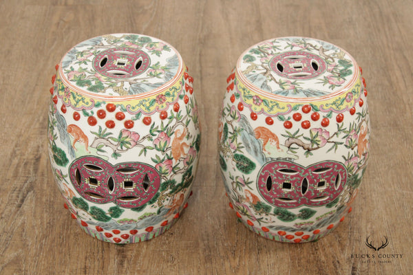 Chinoiserie Decorated Pair of Diminutive Porcelain Garden Stools