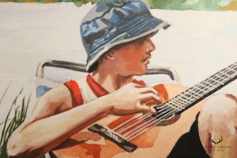 Tom Kinney 2001 Boys Playing Guitar Original Painting, Custom Framed