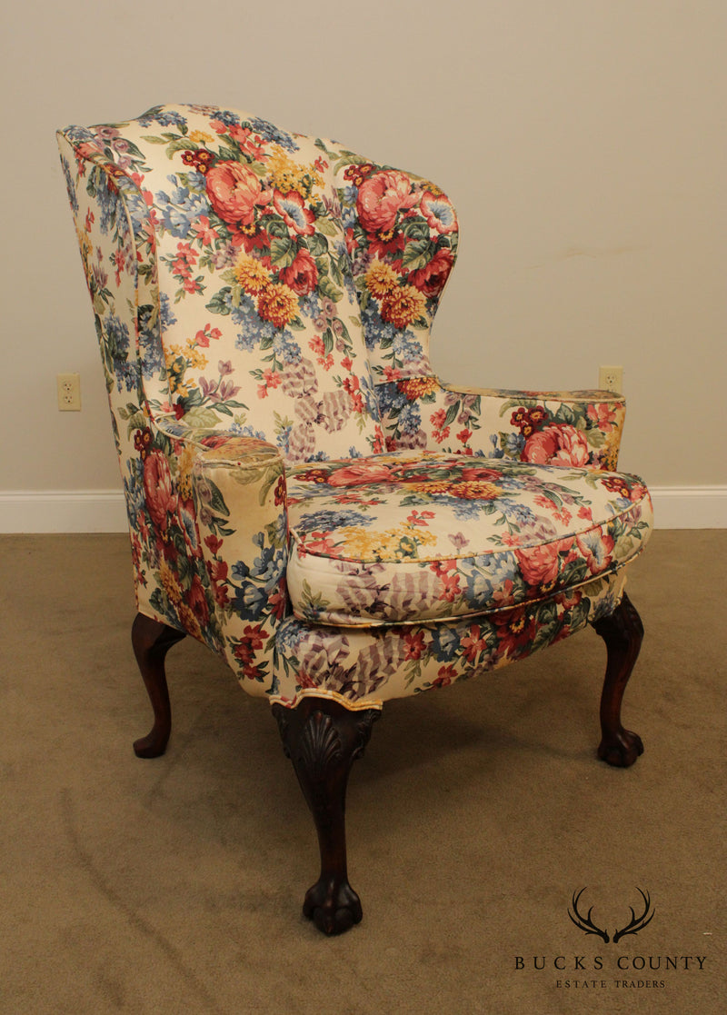 Chippendale Style Vintage Custom Mahogany Ball & Claw Wing Chair Frame