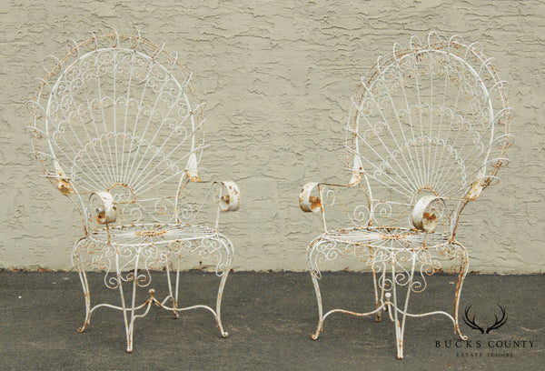 Vintage Pair Wrought Iron Peacock Garden Armchairs