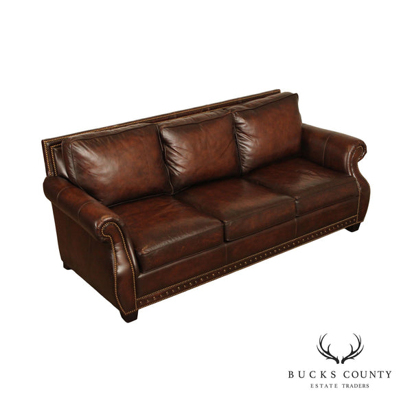 Bernhardt Traditional Brown Leather Rolled Arm Sofa