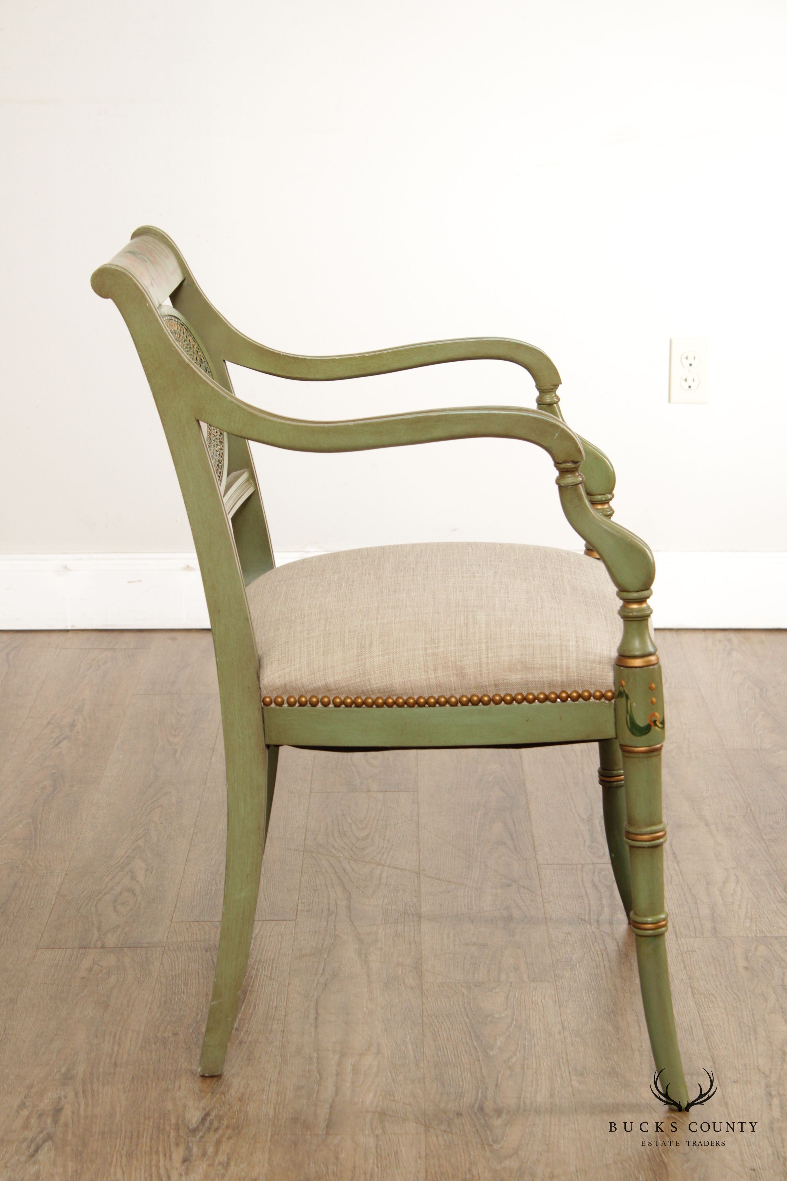 English Regency Style Cane Back Green-Painted Armchair