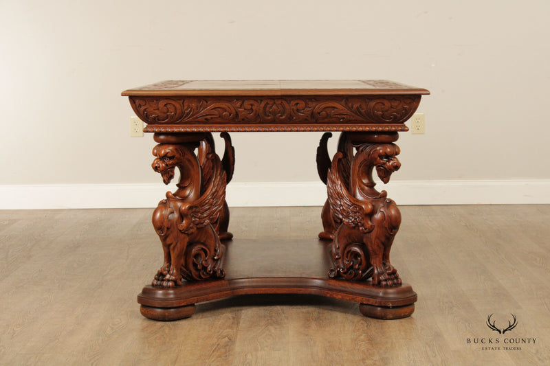 RJ Horner Antique Renaissance Revival Griffin Carved Oak Writing Desk or Library Table
