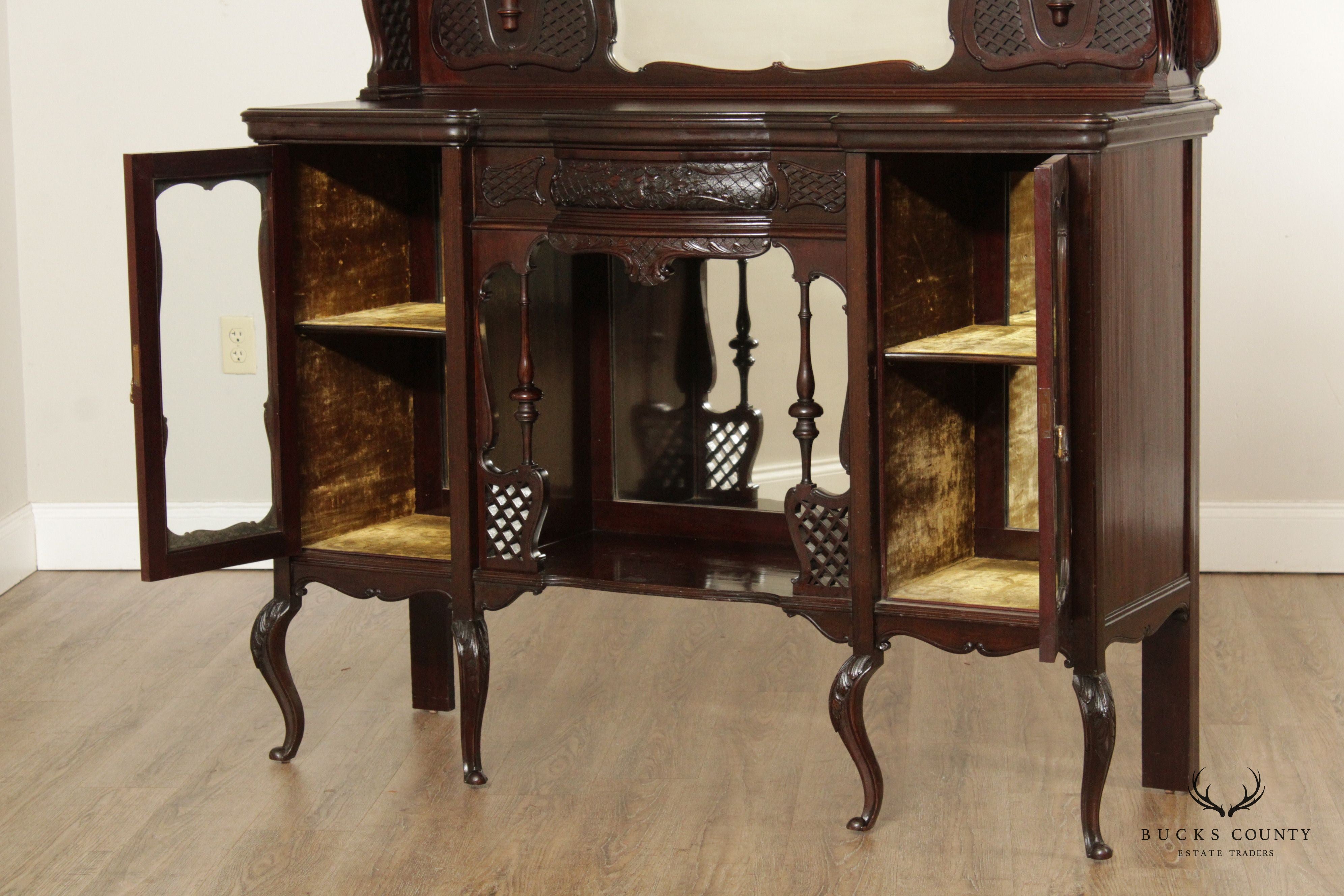 Antique Victorian Carved Mahogany Mirrored Etagere Sideboard