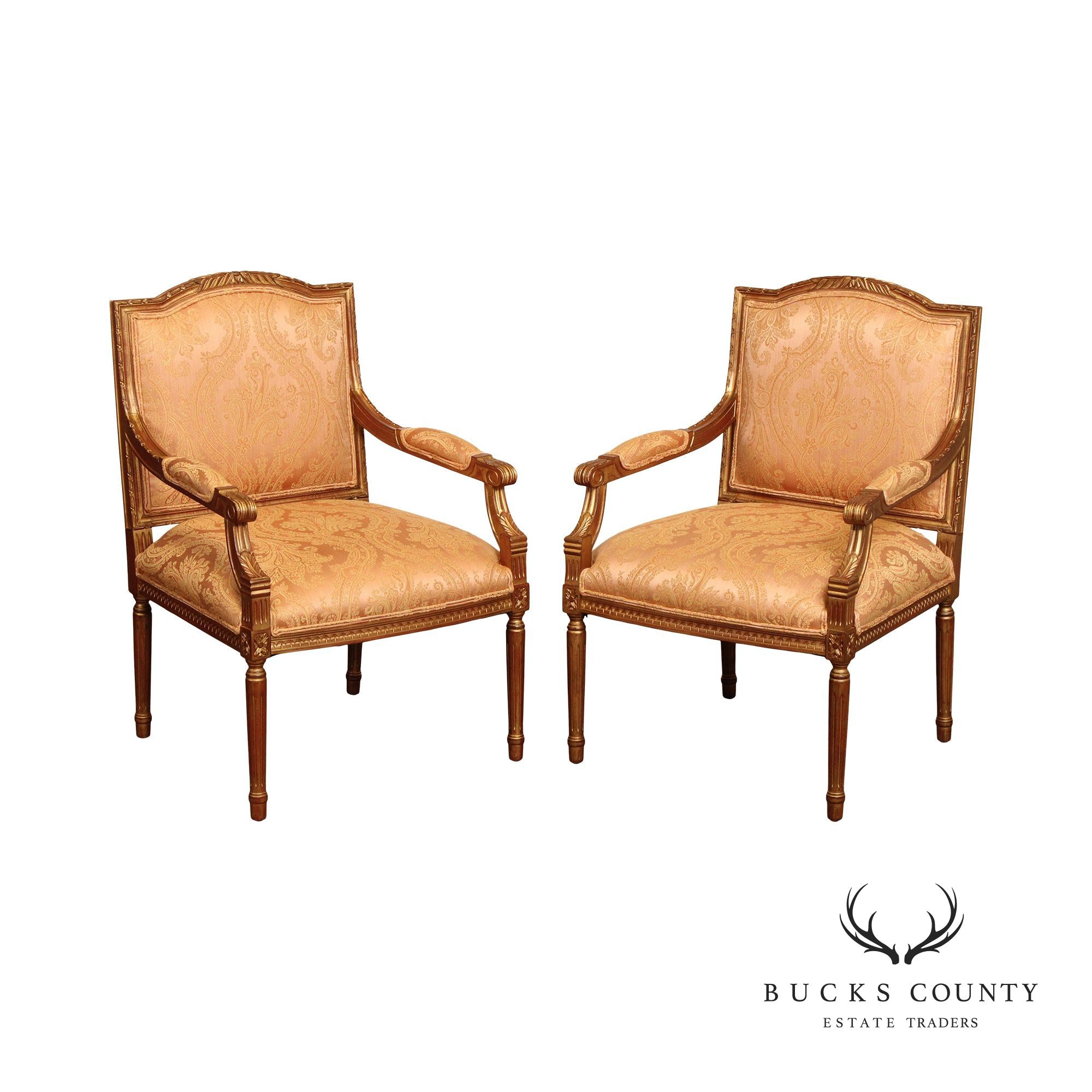 Lambert Furniture French Louis XVI Style Pair of Partial Gilt Fauteuil Armchairs