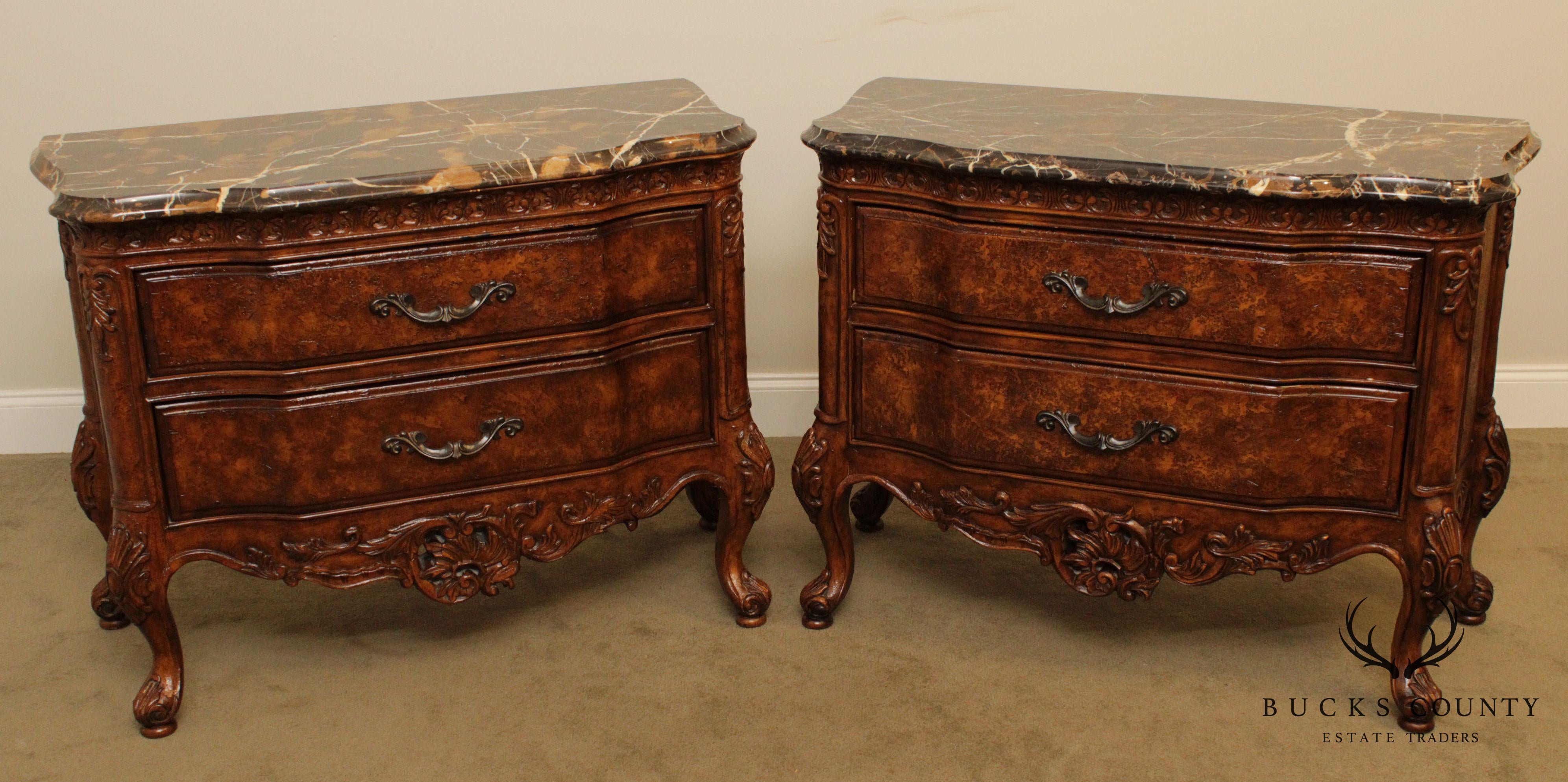 French Louis XV Style Quality Pair Marble Top 2 Drawer Nightstands