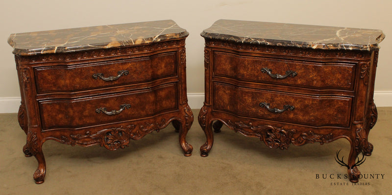 French Louis XV Style Quality Pair Marble Top 2 Drawer Nightstands