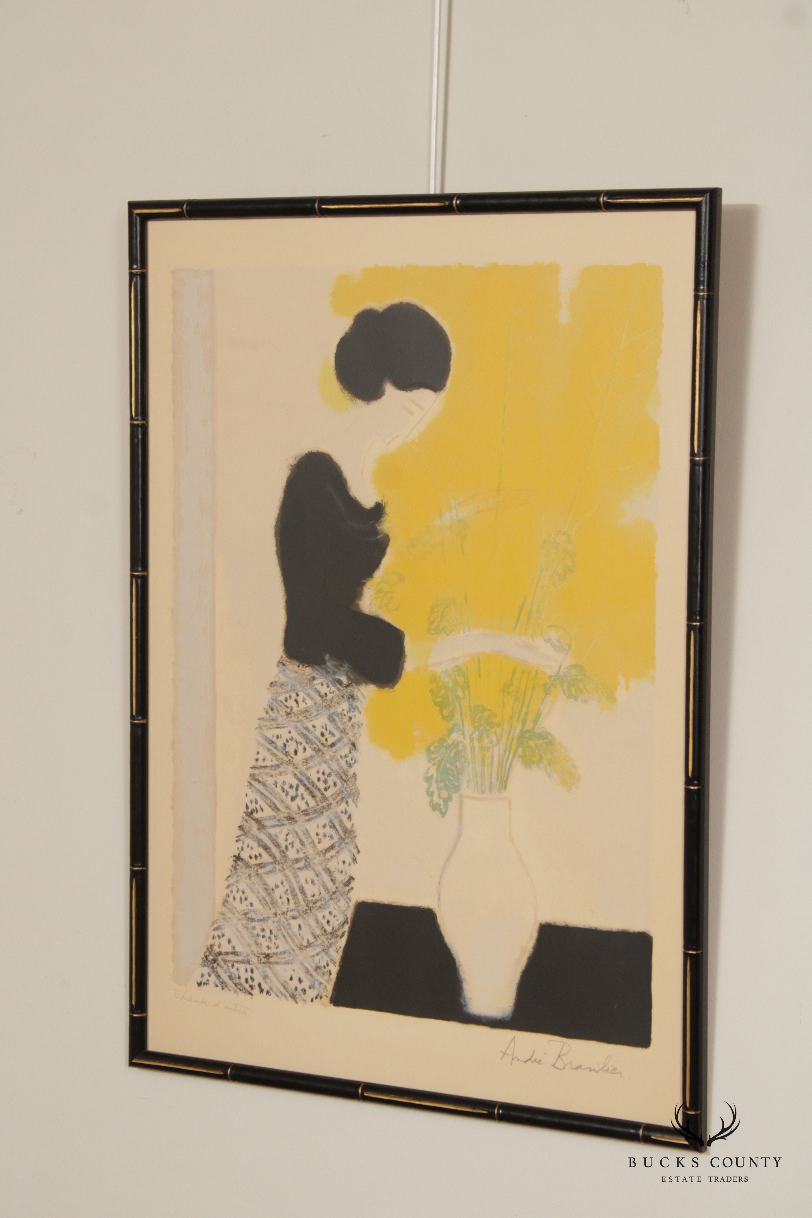 Andre Brasilier Signed Lithograph of Woman with Flowers