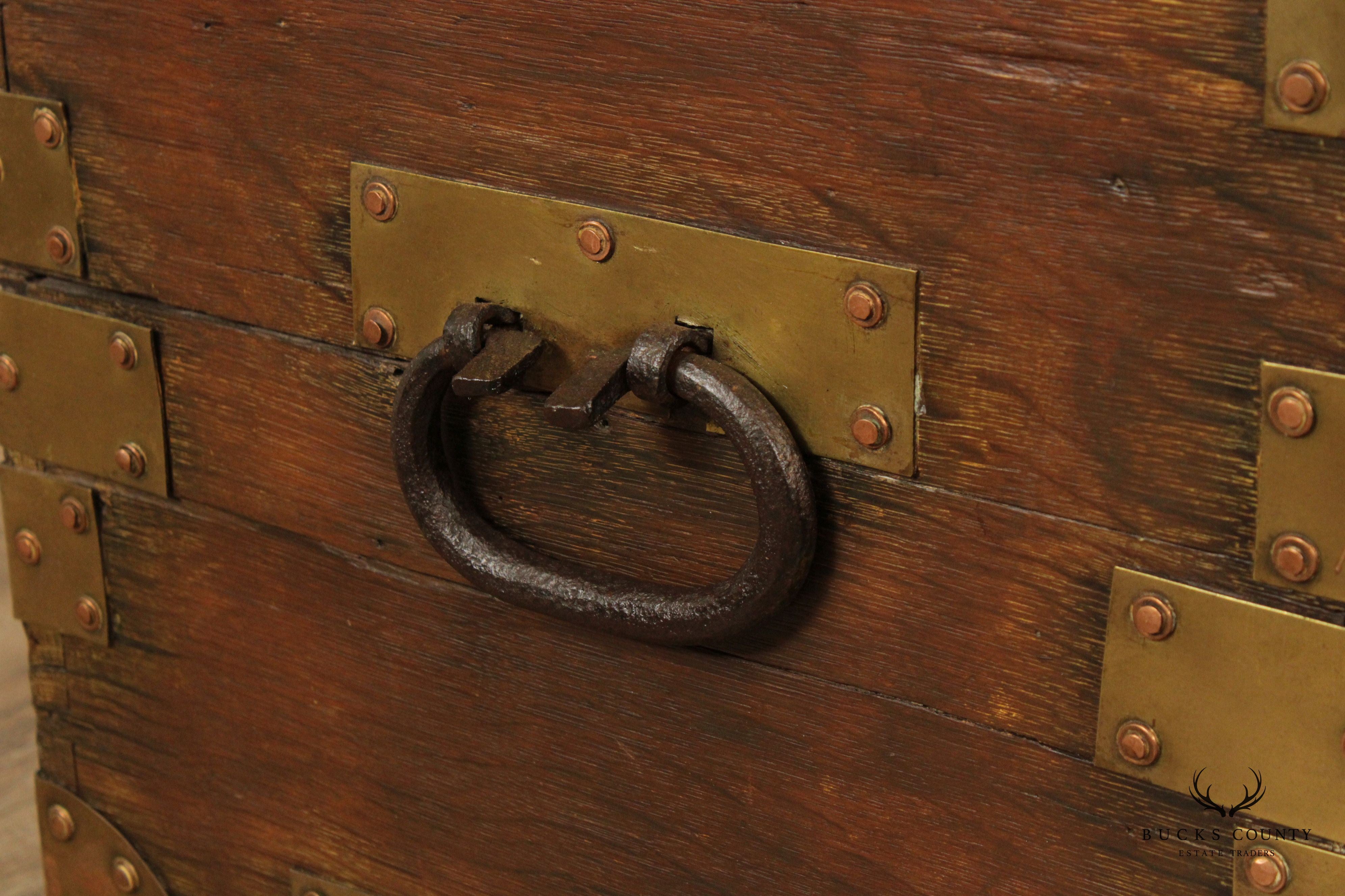 Antique Campaign Style Brass Strapped Trunk Chest