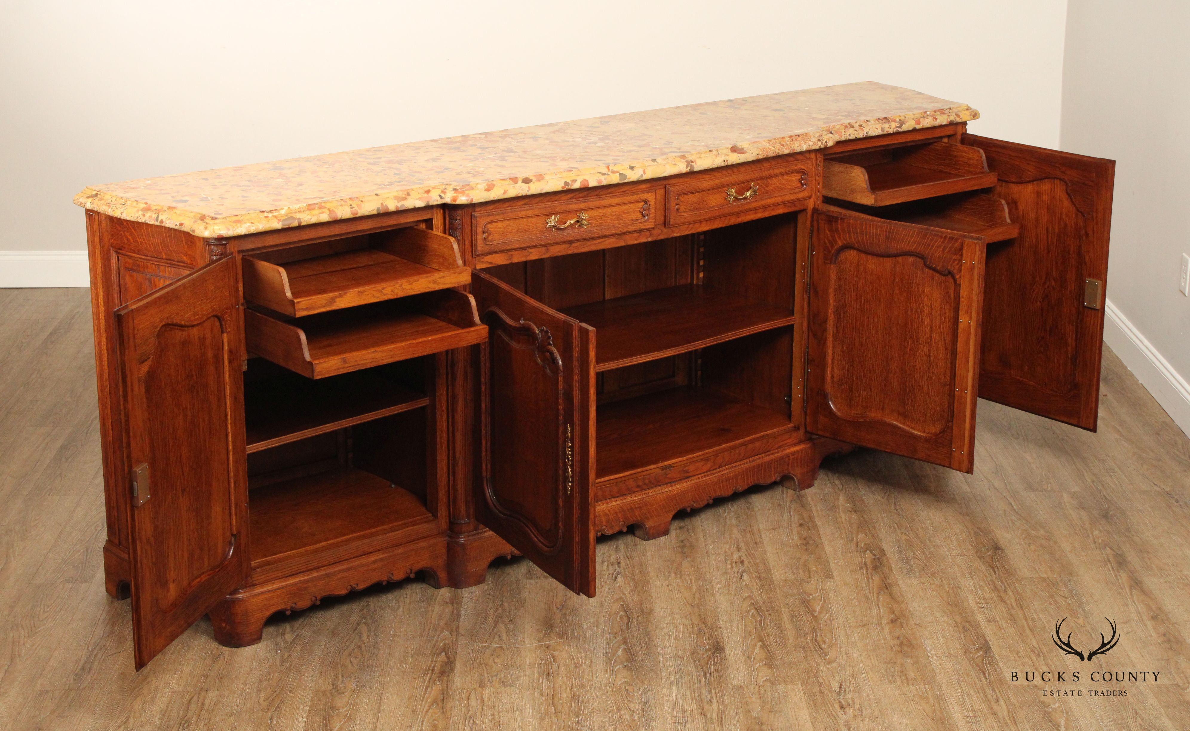 Antique French Louis XV Style Breccia Marble Top Long Oak Sideboard