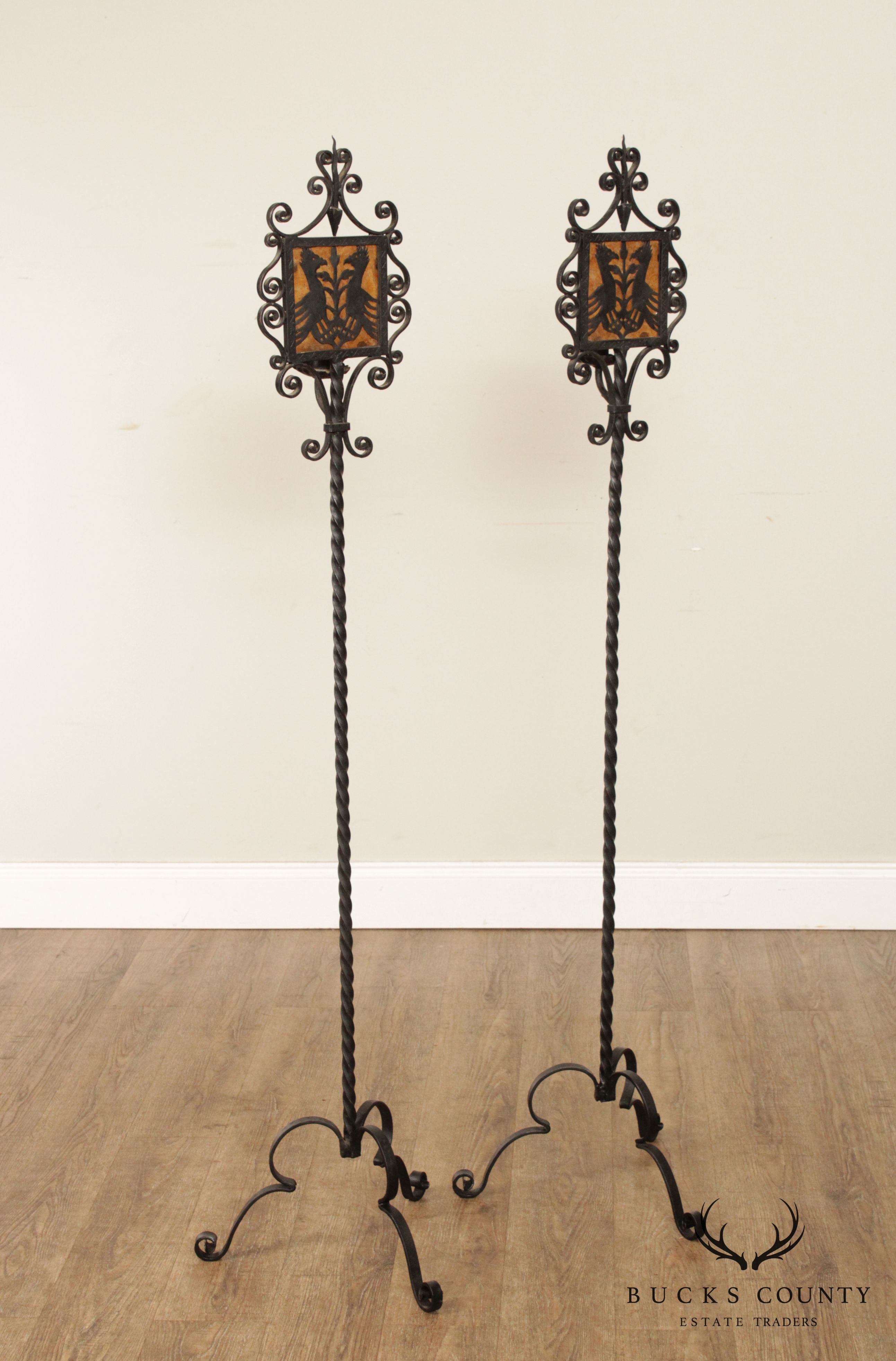 Arts & Crafts Pair Wrought Iron Candle Torchiere