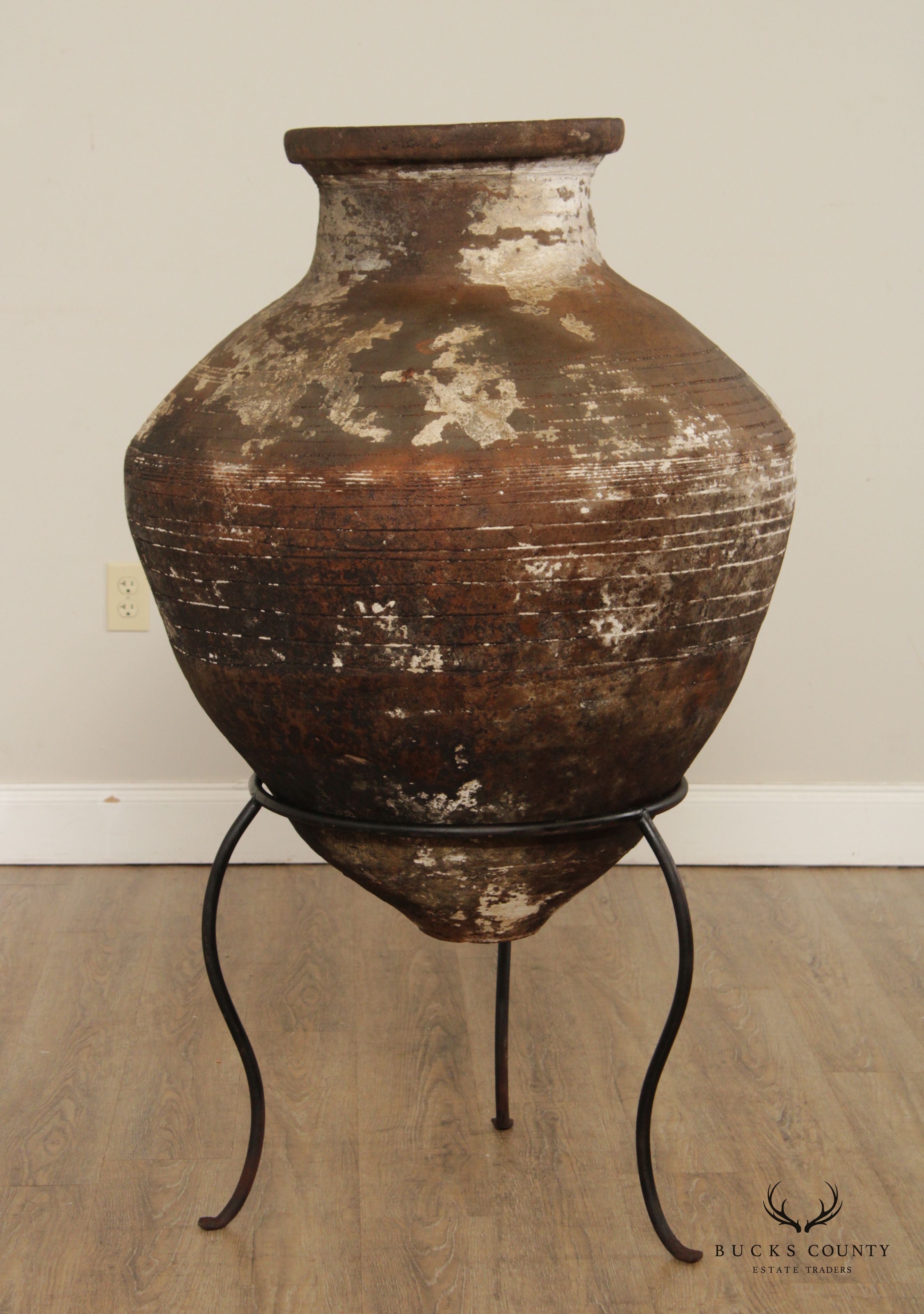 Antique Mediterranean Large Terra Cotta Amphora Floor Vase on Stand