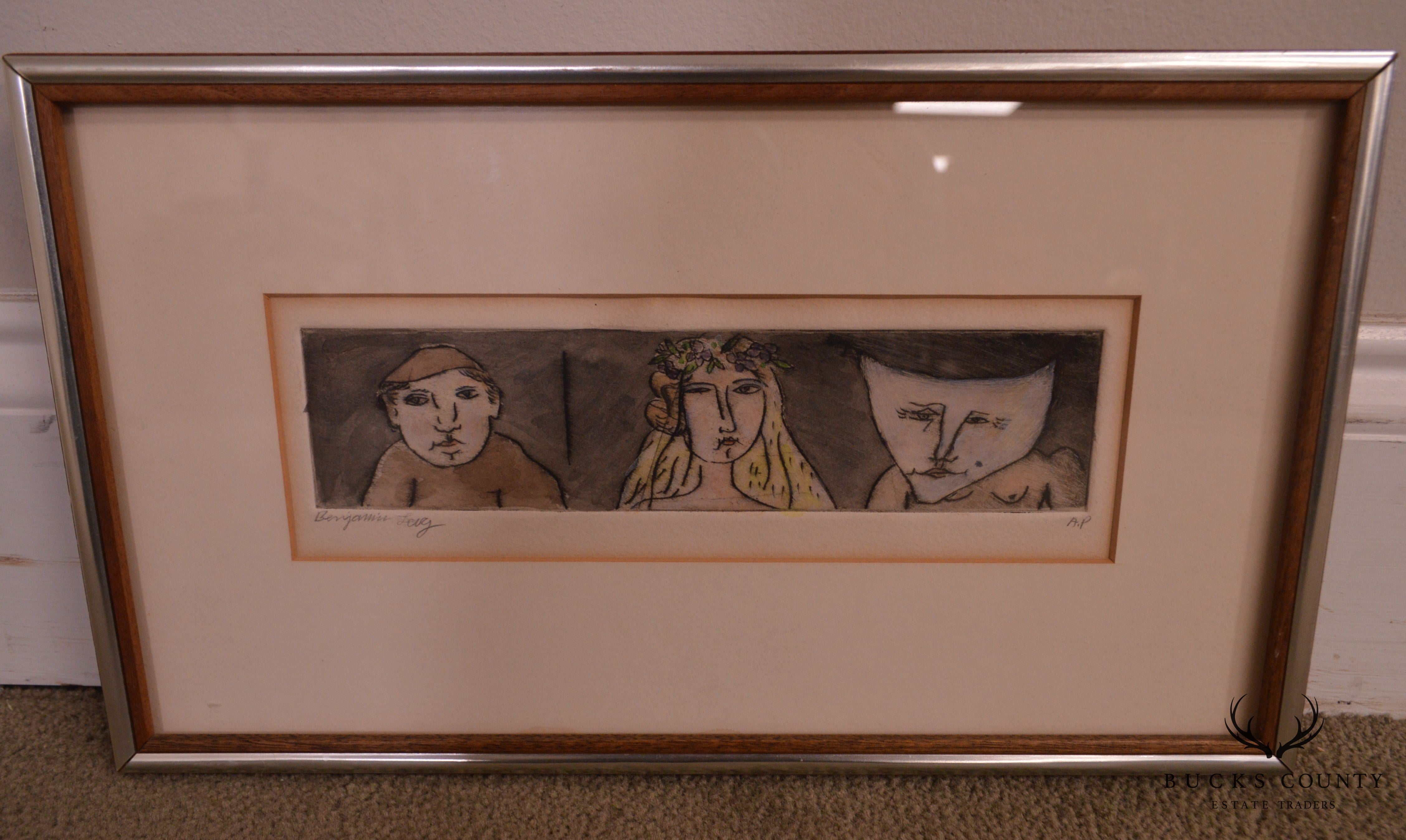 Benjamin Levy Mid Century Modern Framed Etching "Bride & Groom"